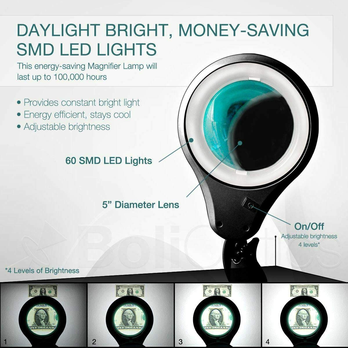 BoliOptics LED Magnifying Lamp with Clamp, 8 Diopter, 3X Magnification, Dimmable, Black, Model MG16303322