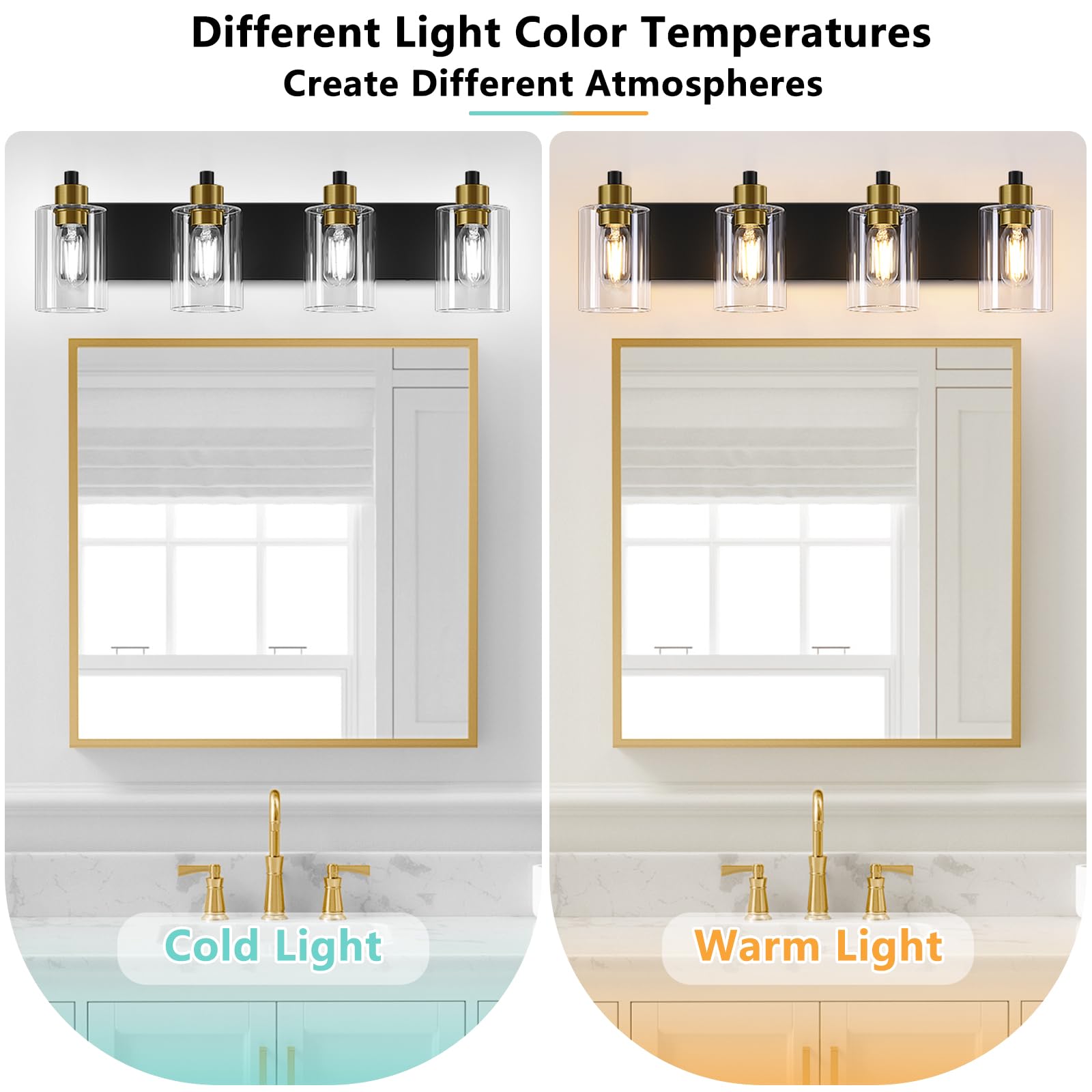 Dpyrrhic Bathroom Light Fixtures,Matte Black And Gold 4-Light Bathroom Lights With Clear Glass Shade,Modern Wall Sconces Over Mi