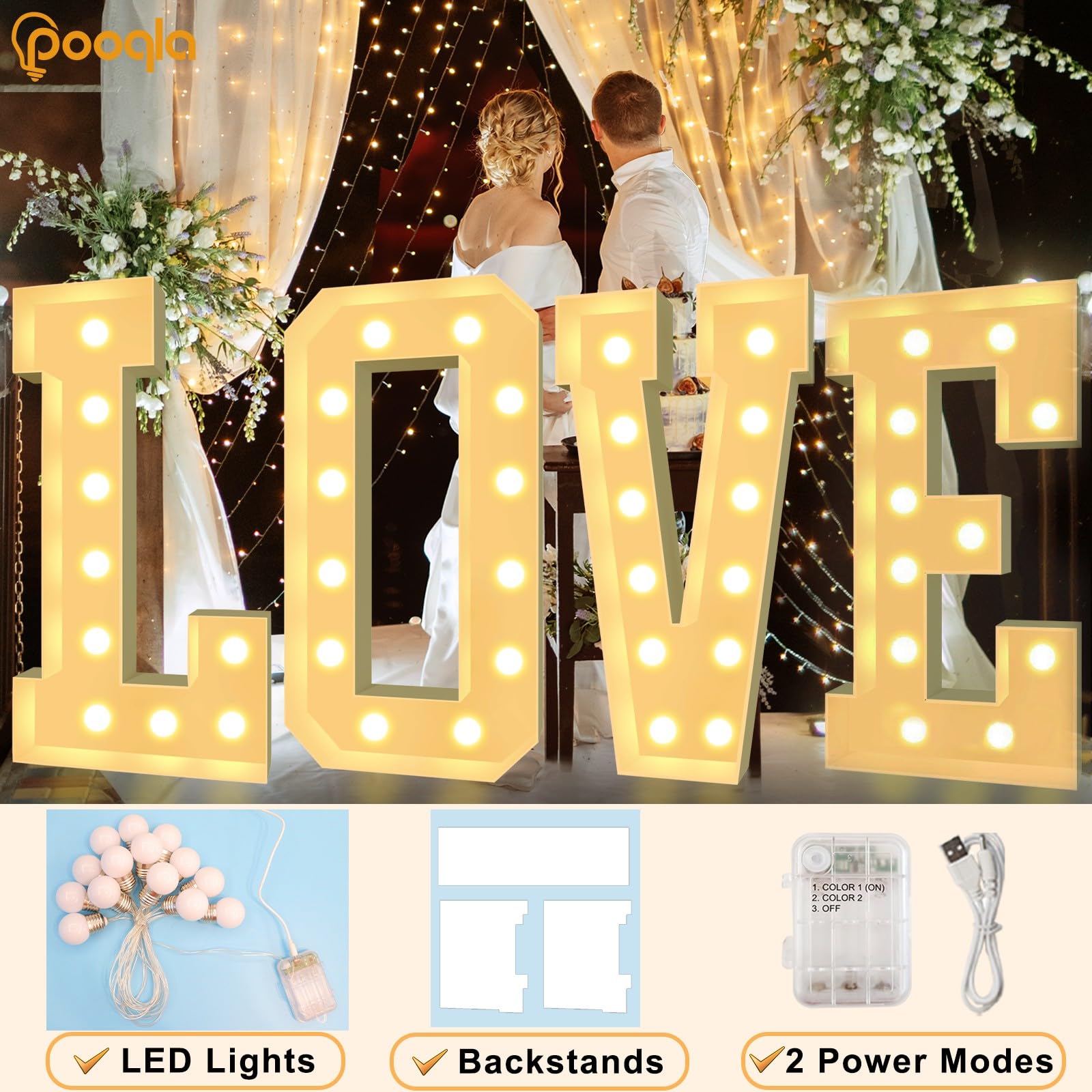 Pooqla Marquee Light Up Letter H, 4FT Tall LED Sign, Cool & Warm White, Polypropylene, Model 4FT-FXDJ 2W-H
