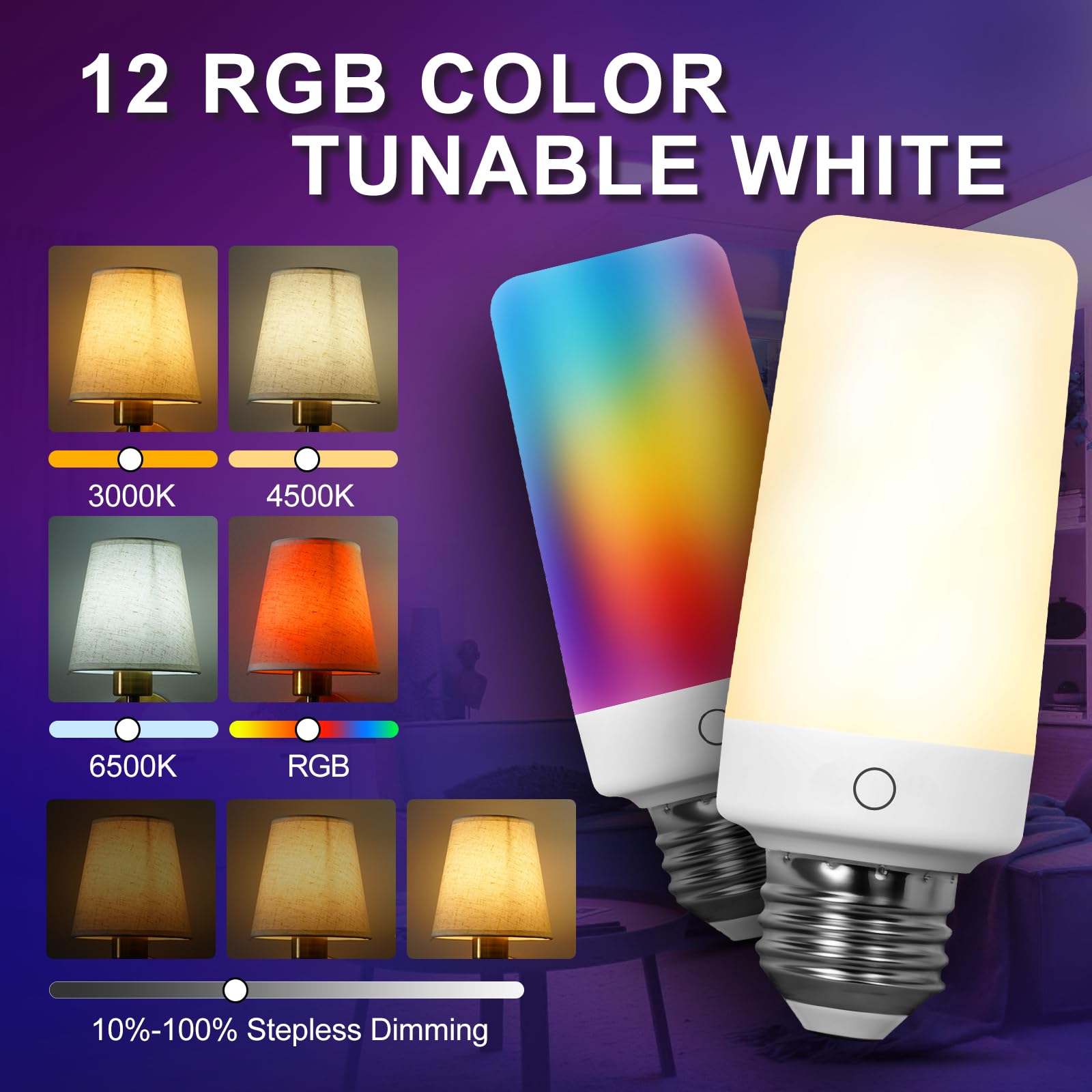 BWKVH 2PK Rechargeable Light Bulbs with Remote, Timer, 3 Color Temps, 12 RGB Colors, Battery Operated, Plastic, 2 Packs