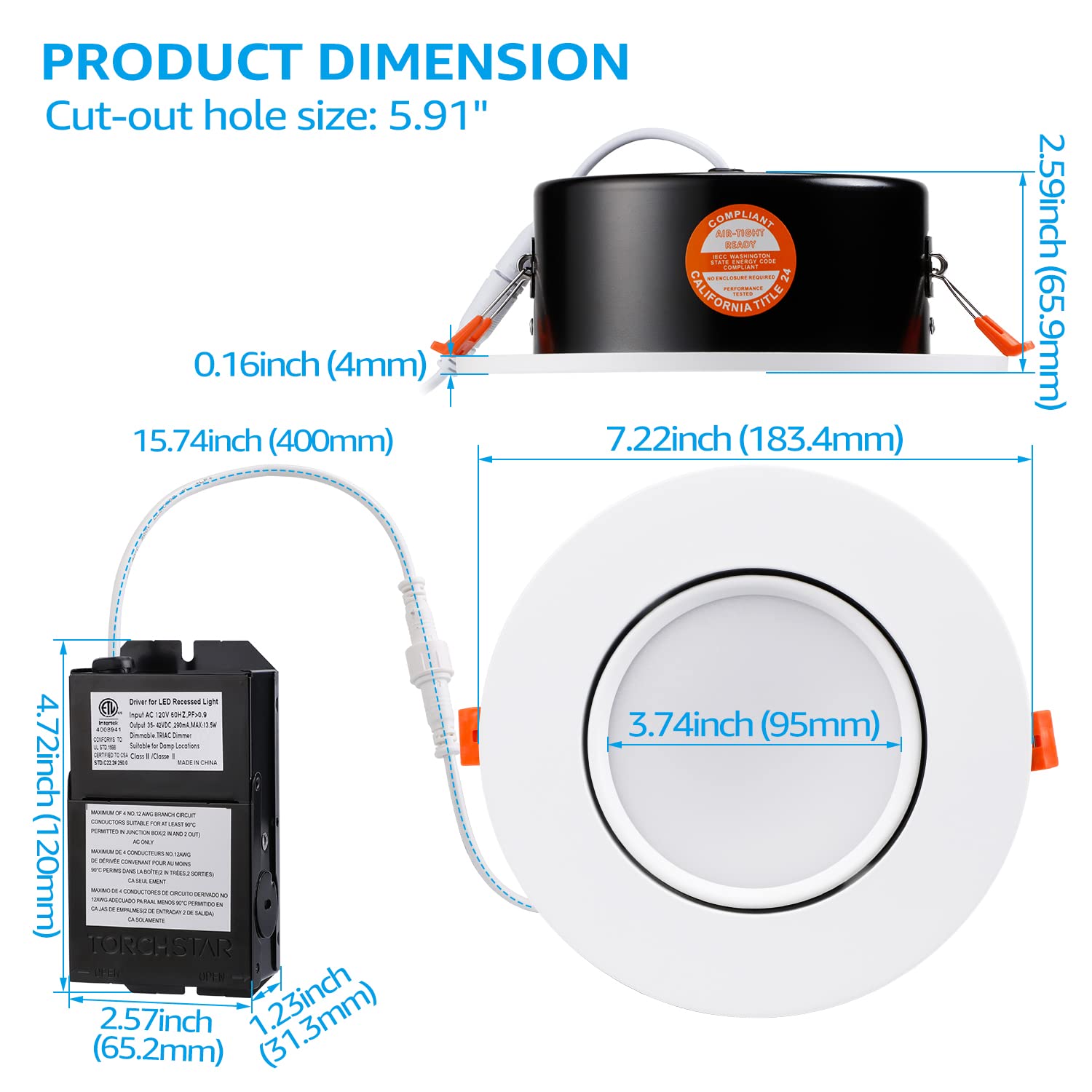 Torchstar 6 Inch 5Cct Gimbal Led Recessed Lighting With Junction Box Dimmable, 2700K/3000K/3500K/4000K/5000K Selectable, Adjustable Recessed Downlight, Led Retrofit Downlight, Etl, Pack Of 4