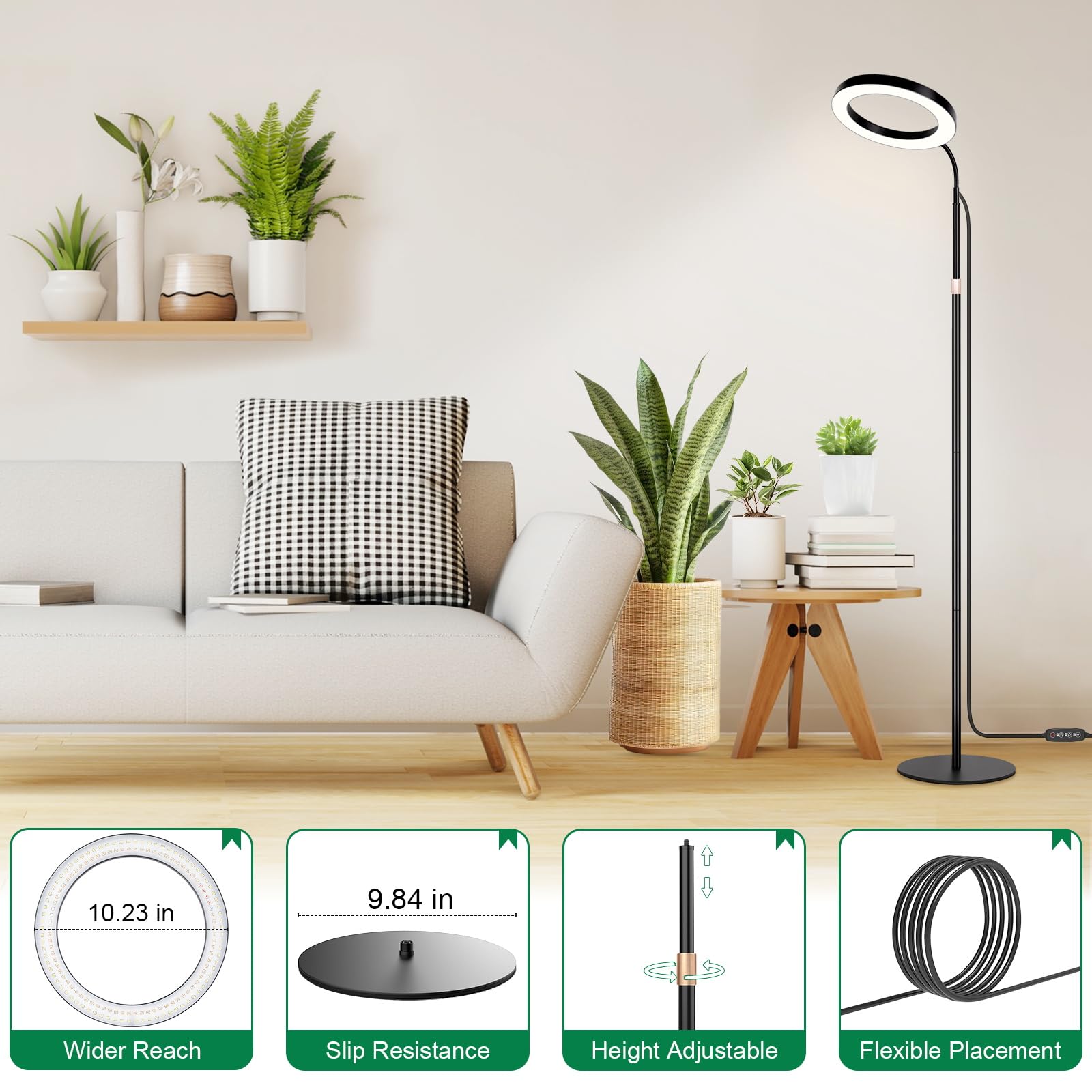LBW Grow Lights for Indoor Plants, Full Spectrum, 10.2" Diameter, Adjustable Height 47.2-63", Black, Model A0208, Auto Timer, 4 Dimm