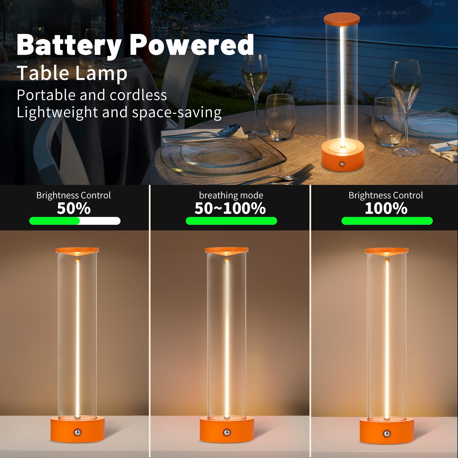 baishezhuan Cordless LED Table Lamp, Rechargeable, Touch Sensor, Dimmable, Model C-002, Orange