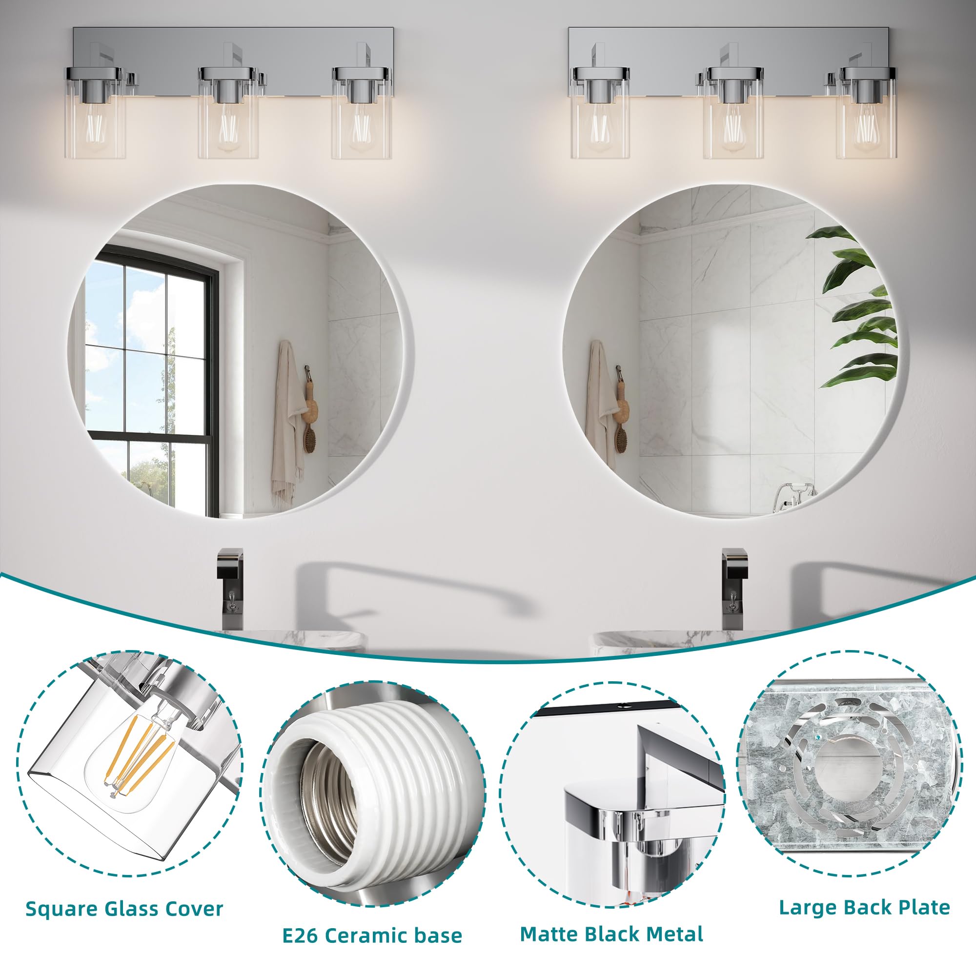 Danshinro Chrome Bathroom Vanity Light, Square Design 3 Lights Morden Bathroom Lighting Fixtures Over Mirror, Bathroom Light Fix