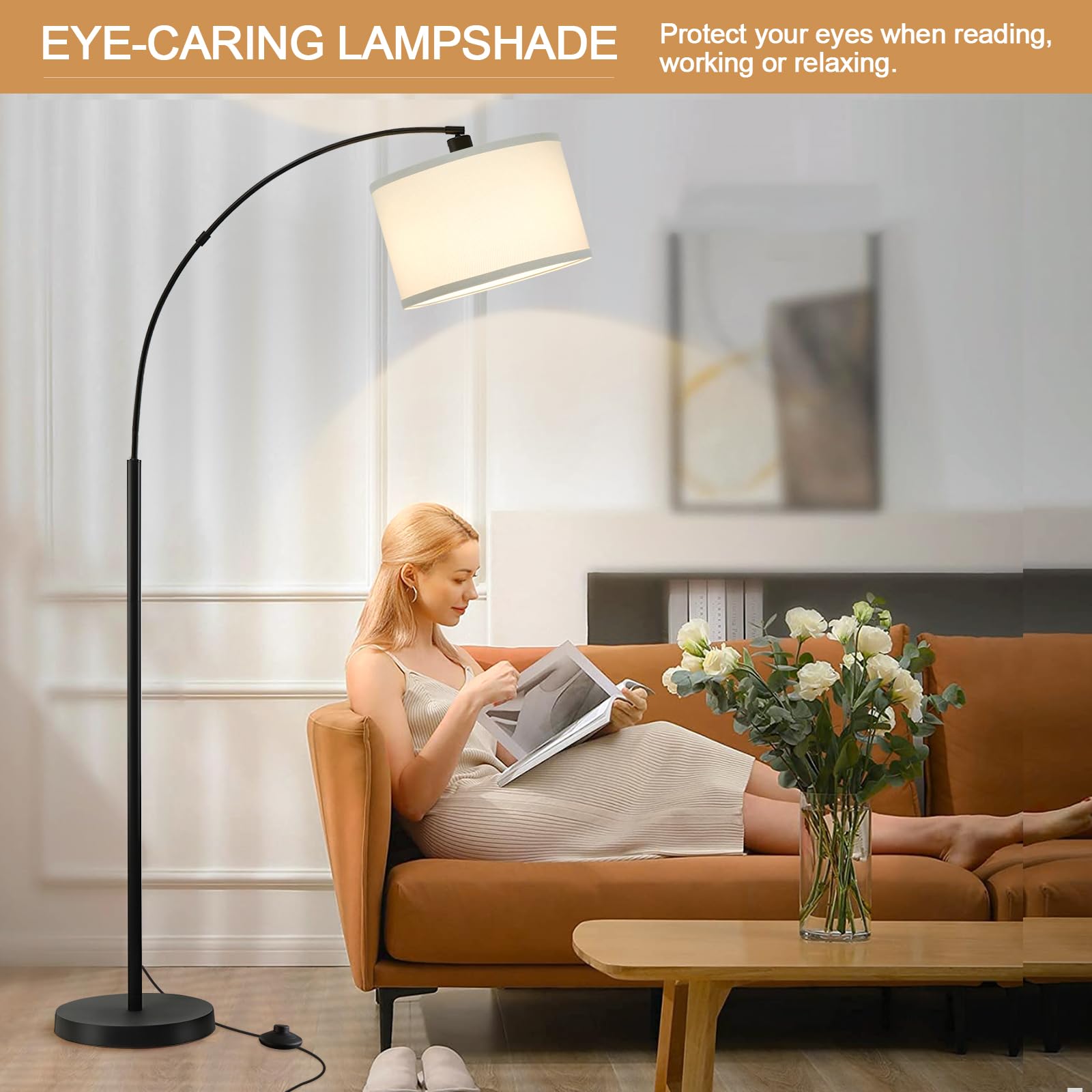 Luvkczc 71'' Arc Floor Lamp For Living Room With Adjustable Lamp Head, Black Pole Lamp With White Shade, Standing Lamp With Foot