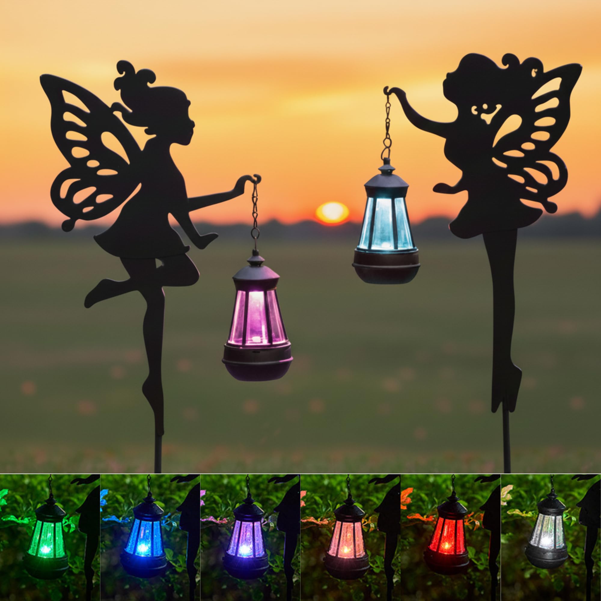 Solar Fairy Garden Lights Outdoor - Christmas Decorations Yard Ornaments  Color-Changing Led Fairy Statue With Lantern  Solar Powered Garden Stakes For Patio  Lawn & Pathway Decor (Set Of 2)