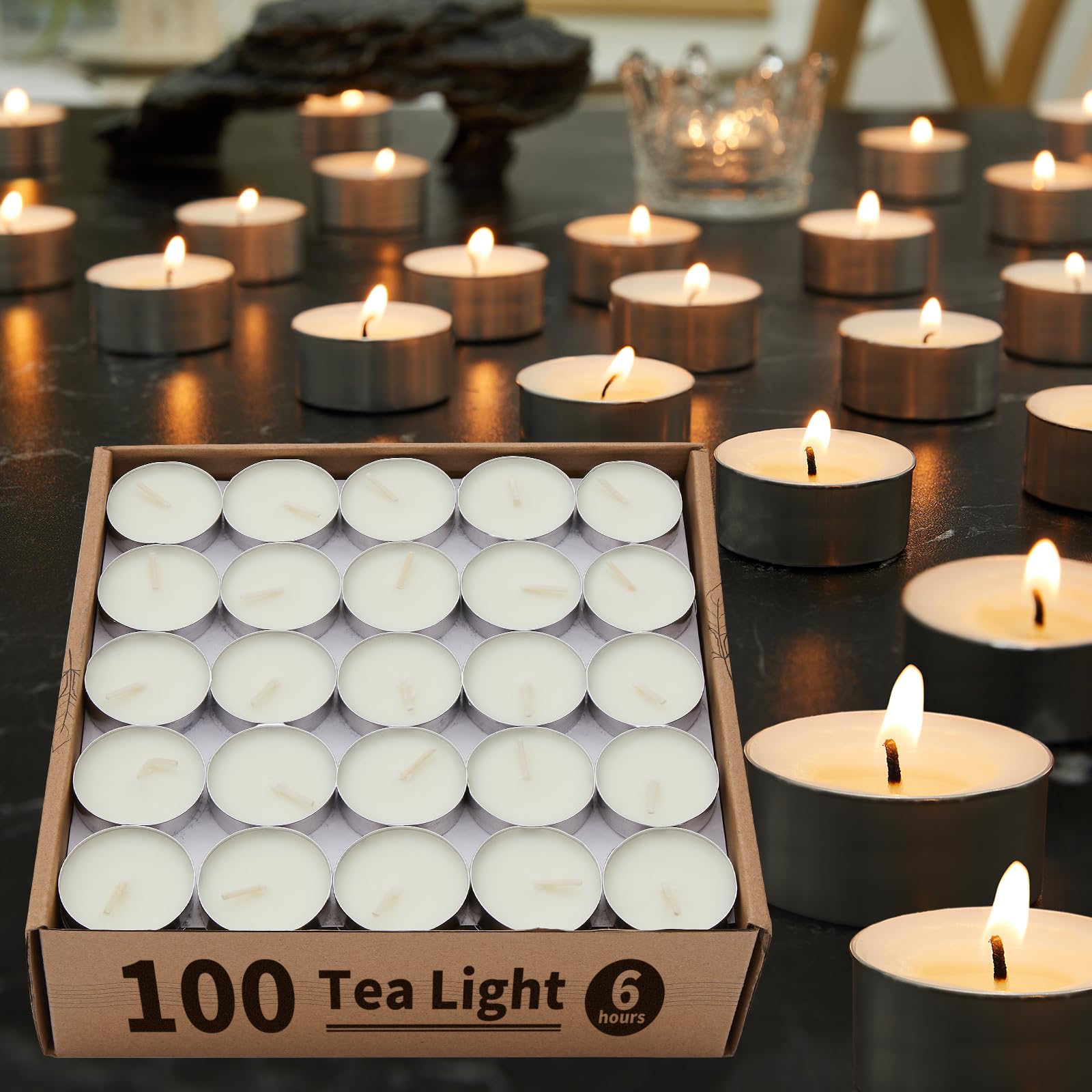Ashlux Unscented Palm Tea Lights Candles 100 Pack Bulk, 6 To 7 Hours Long Burning White Tea Lights,Non-Paraffin, Smokeless, Mini Tealight Candles For Wedding, Table Centerpiece, Party, Power Outages