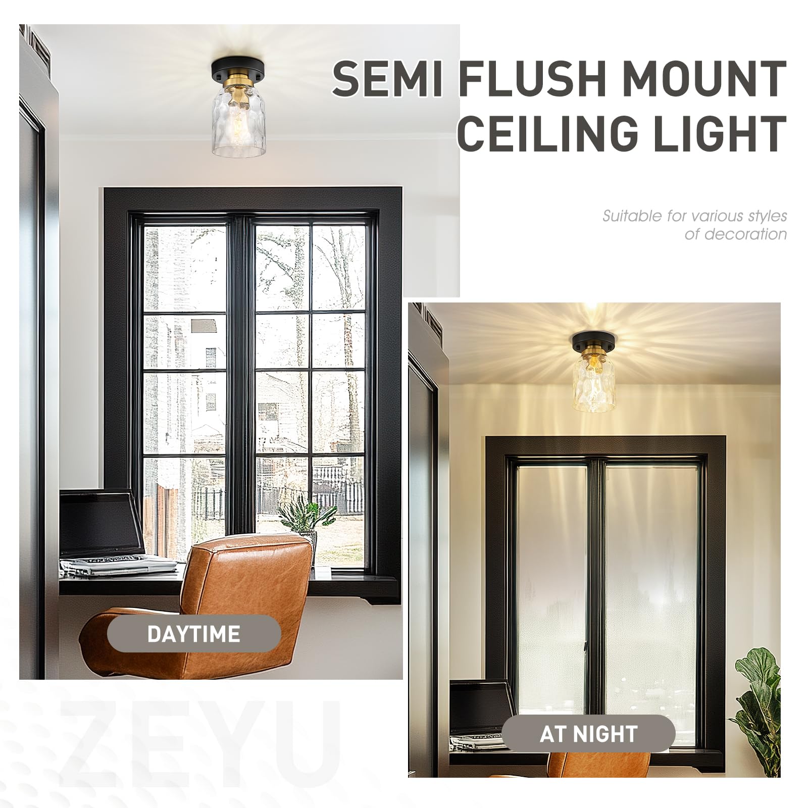 Zeyu Industrial Semi Flush Mount Ceiling Light, Round Hallway Lighting Fixtures Ceiling For Kitchen Entryway, Water Ripple Glass