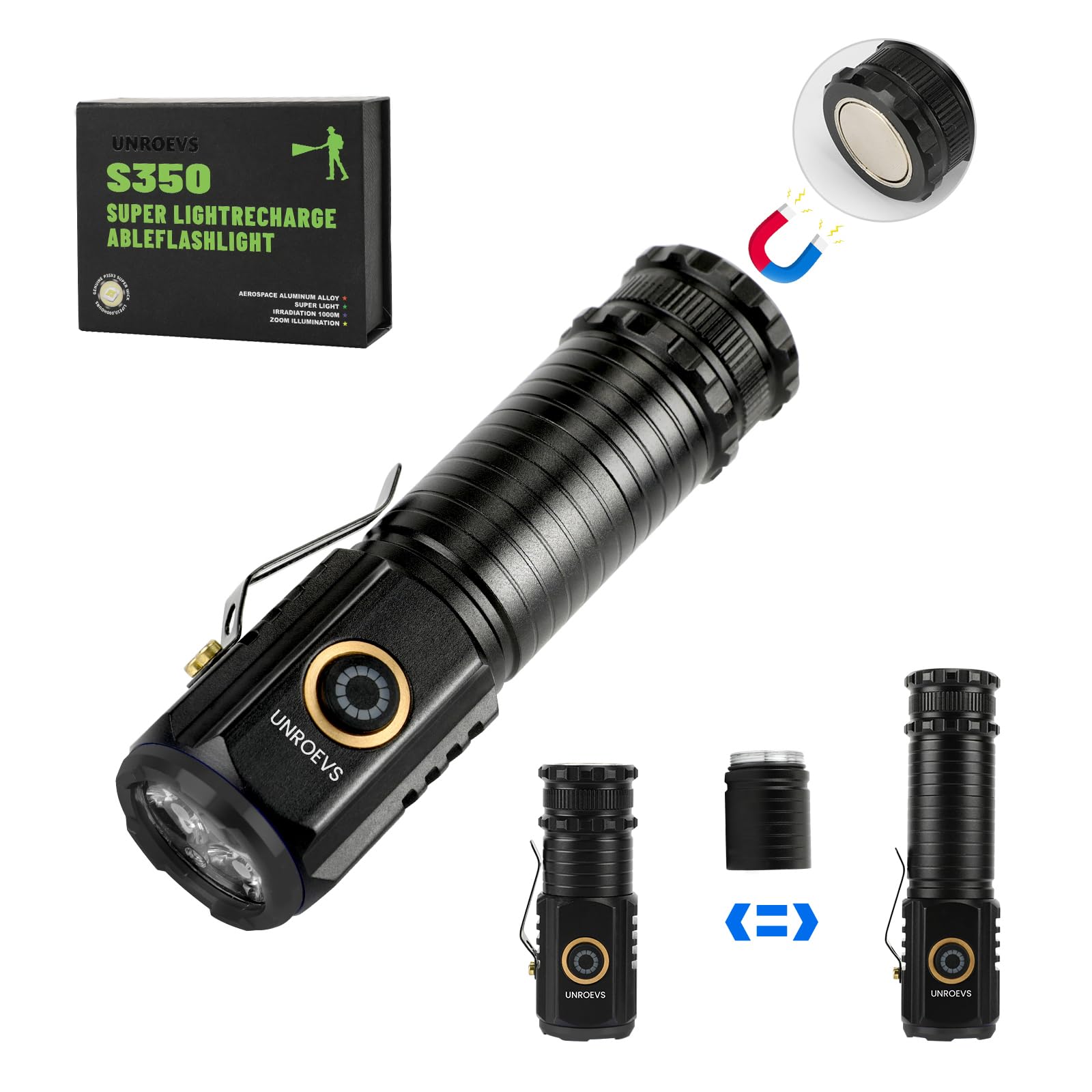 UNROEVS 2550 Lumen 2-in-1 Small Flashlight,Led Rechargeable Flashlights High Lumens USB C Charge,Small Powerful Flashlights with