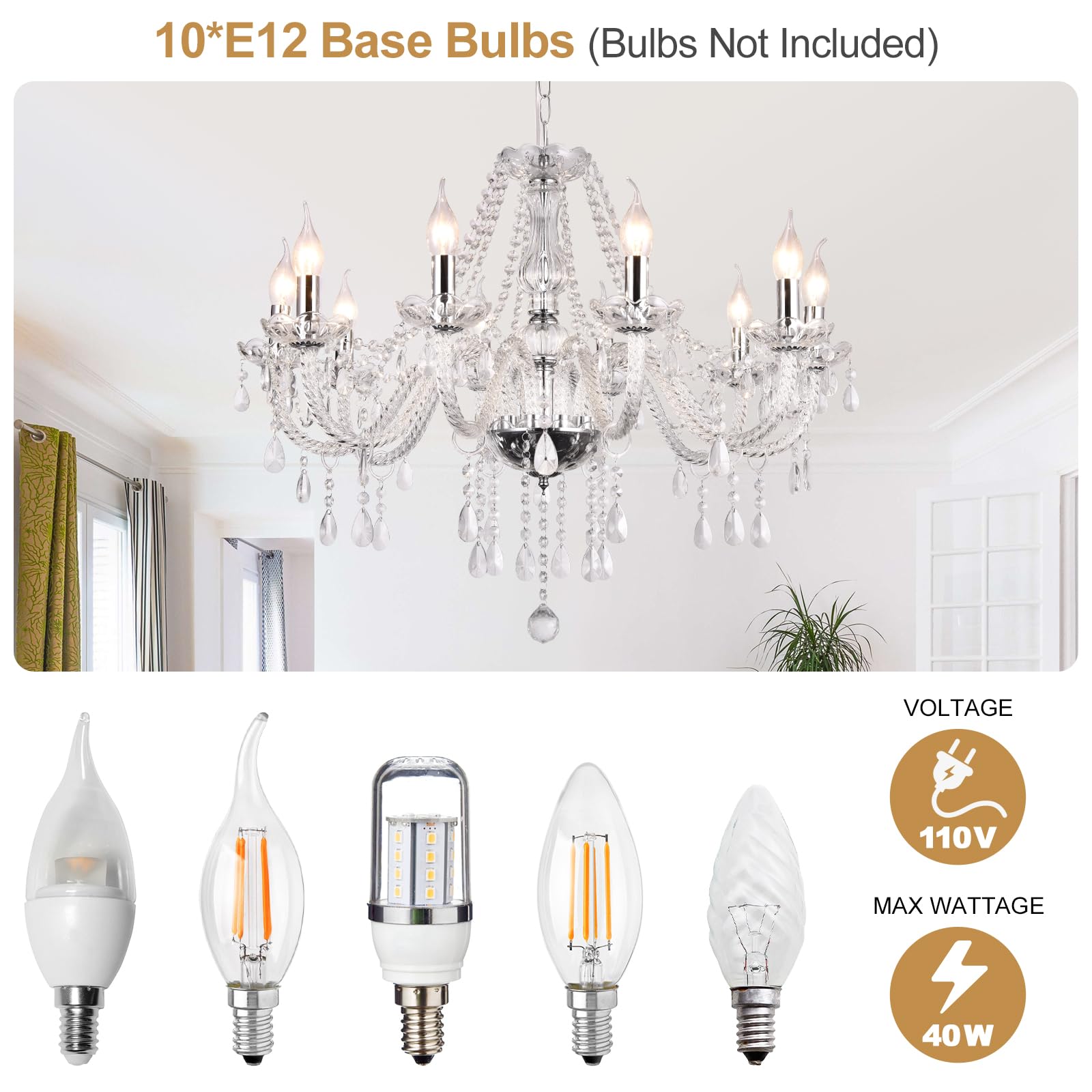 Baotree Modern Elegant 10 Lights K9 Crystal Glass Chandelier Silver Pendant Ceiling Lighting European Style For Dining Living Ro