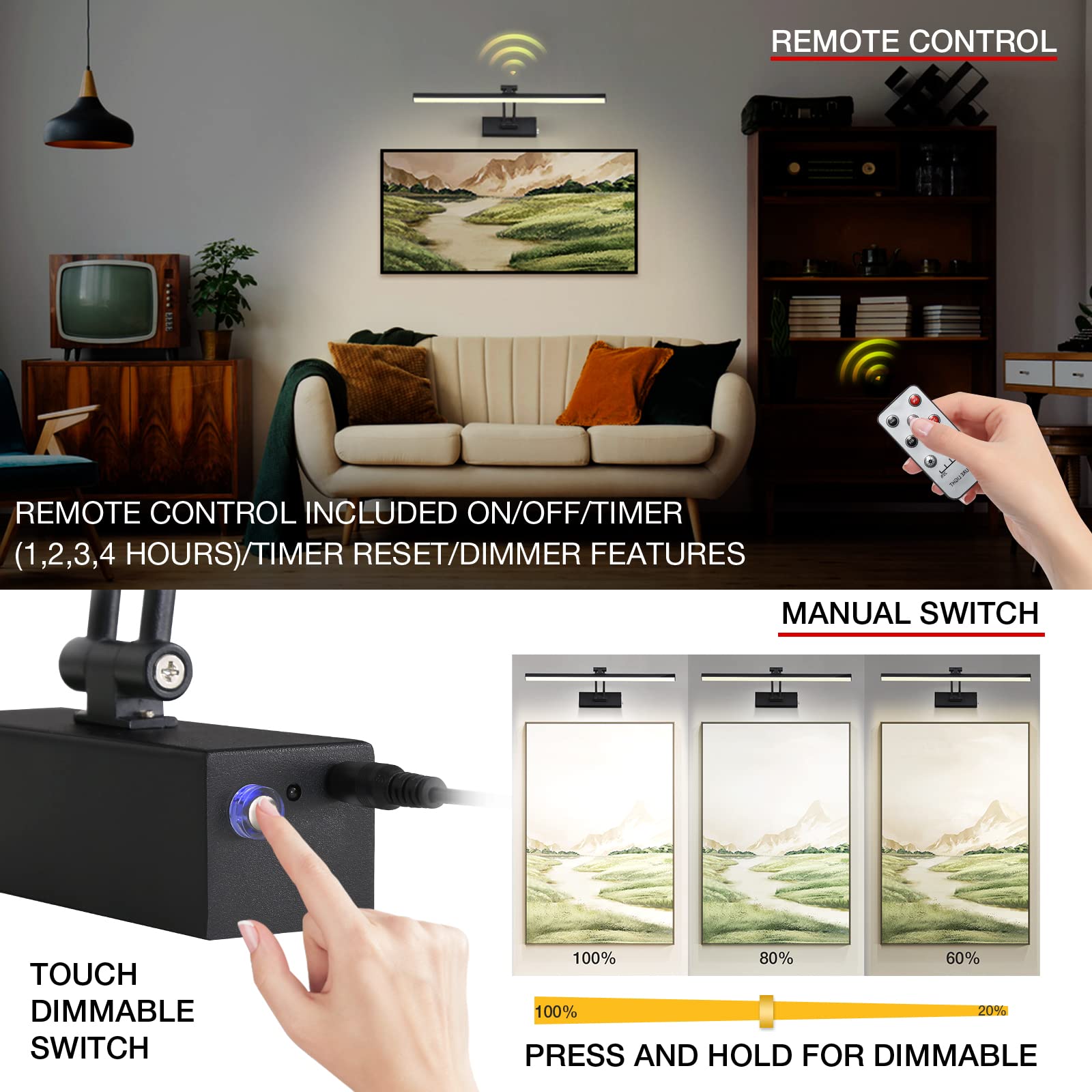 FUNCHDAY Wireless Picture Lights,Rechargeable Battery Picture Light for Paintings with Remote, Dimmable Dartboard Light with Tim