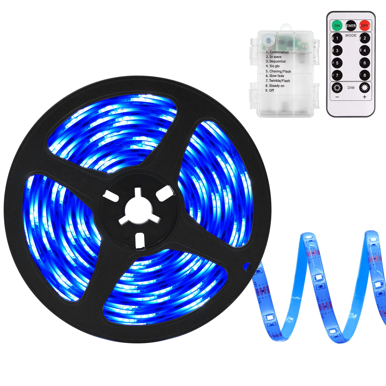 echosari Blue LED Strip Lights, Waterproof, Battery Operated, Remote, 8 Modes, Dimmable, Self-Adhesive, 90 LED, 3M