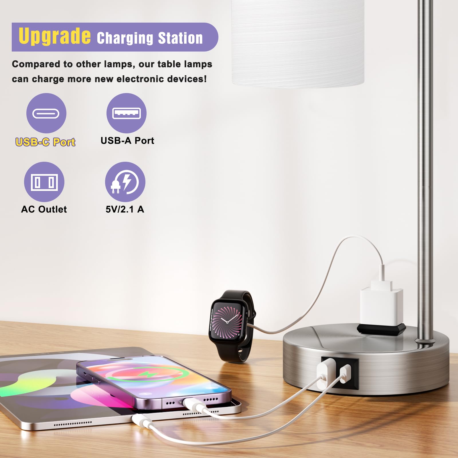 Innqoo Industrial Nickel Table Lamps For Bedrooms Set Of 2-3-Way Dimmable Desk Lamp With Usb C+A Ports And Outlet, Sliver Lamps