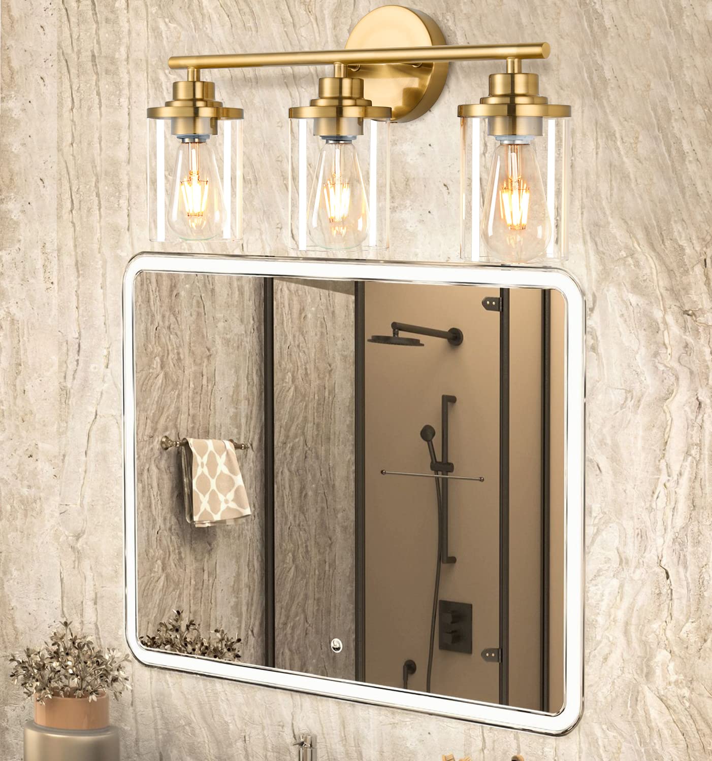 Porphyions 3-Light Bathroom Vanity Light Fixture, Brushed Gold Metal, Modern Design, 20in  Over Mirror Sconce