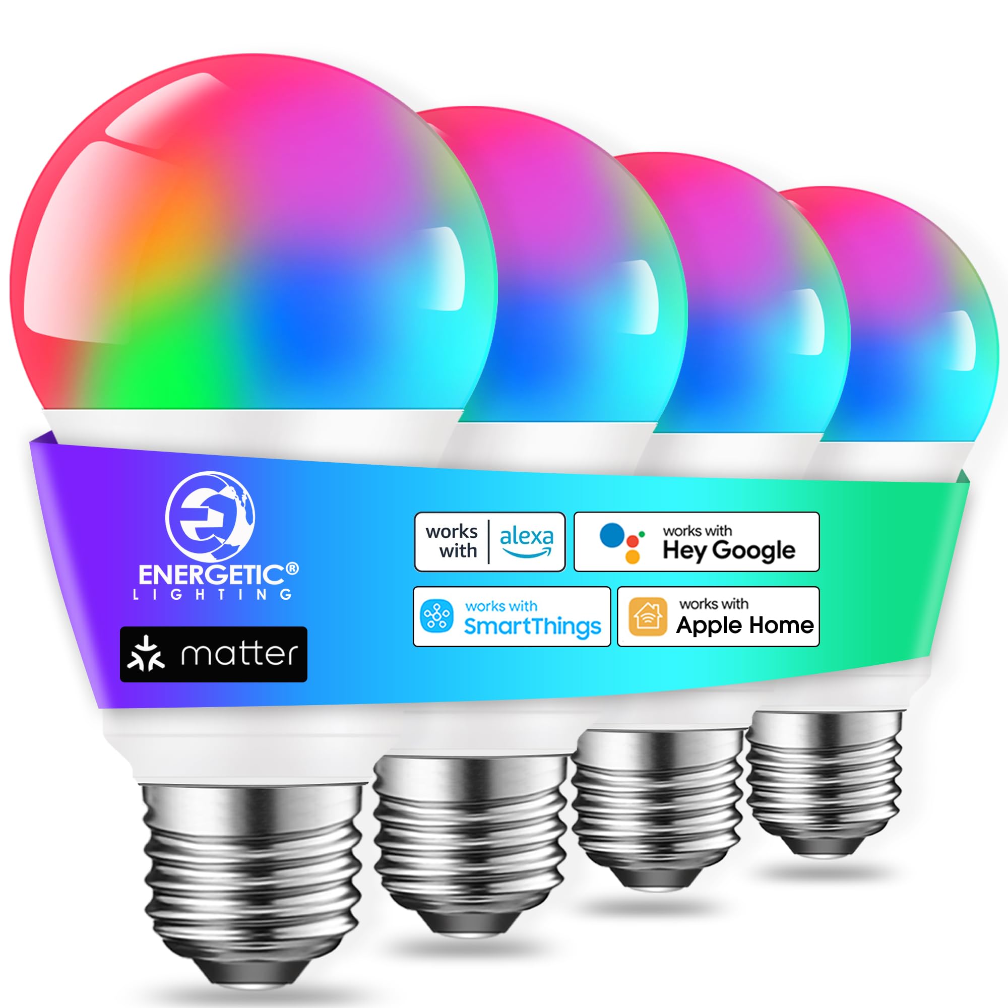 E ENERGETIC LIGHTING Smart A19 LED Light Bulbs, 60W Equivalent, 800LM, RGB, Multi-colored, 4 Count, Model YGA03C77-A19