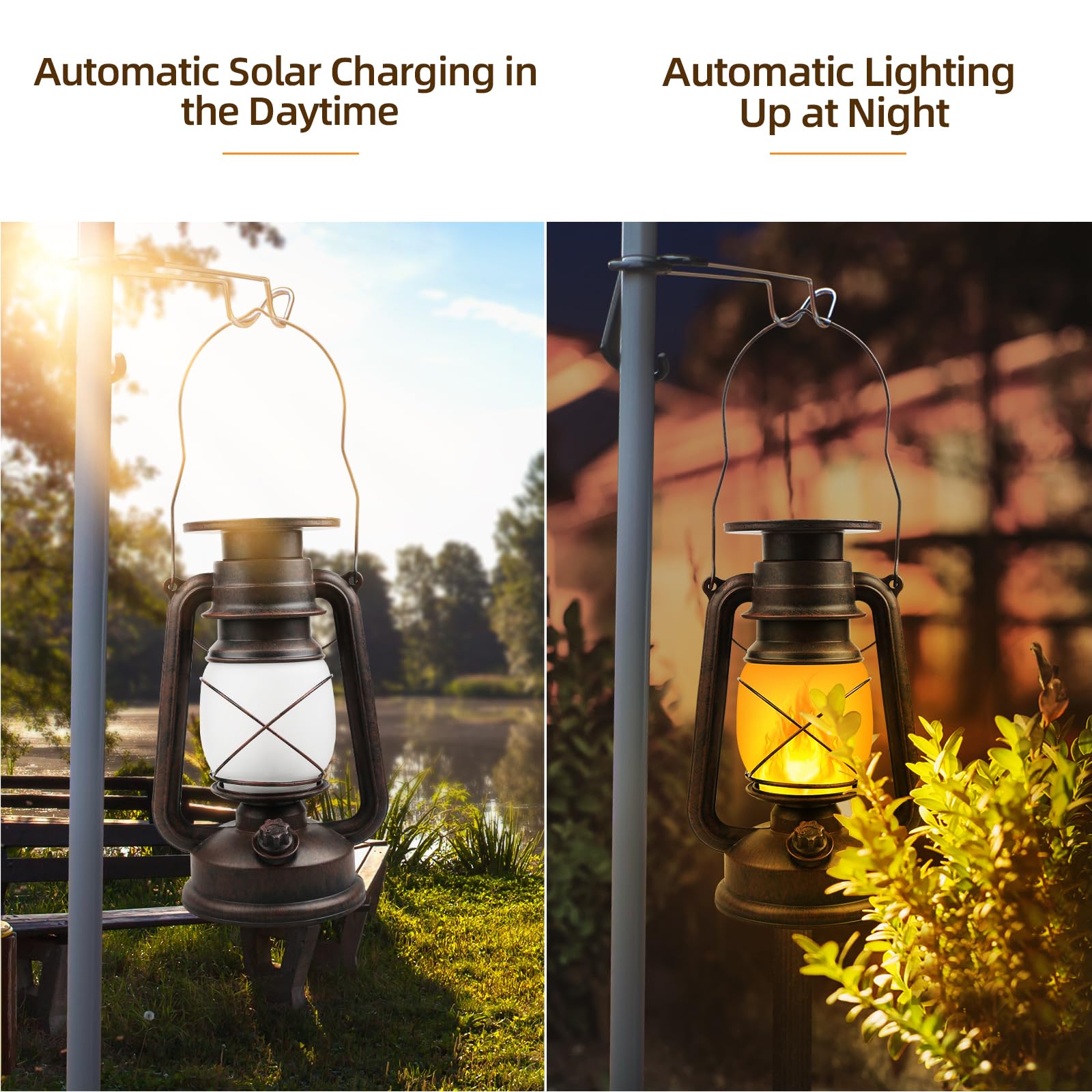 Richday Solar Lantern - LED Vintage Flame, Waterproof, 2pcs Solar Light Set, Brown, Model: Solar-Light