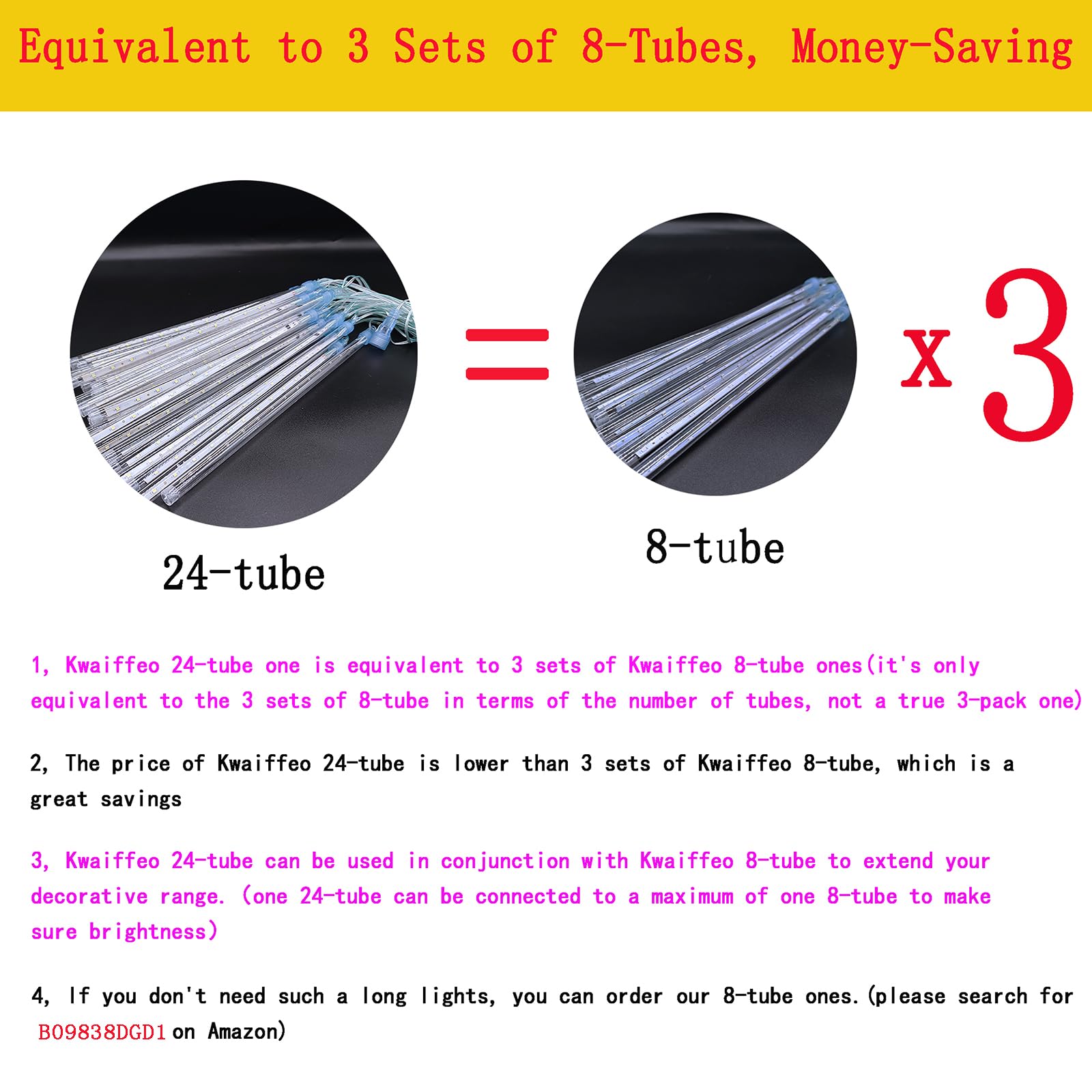 Kwaiffeo Halloween Lights, 24 Tubes Meteor Shower Lights(Equivalent To 3 Sets Of 8-Tube) For Halloween Christmas Decorations Outdoor, Purple Lights For Halloween Xmas Party Yard Tree Decor, Ul Plug