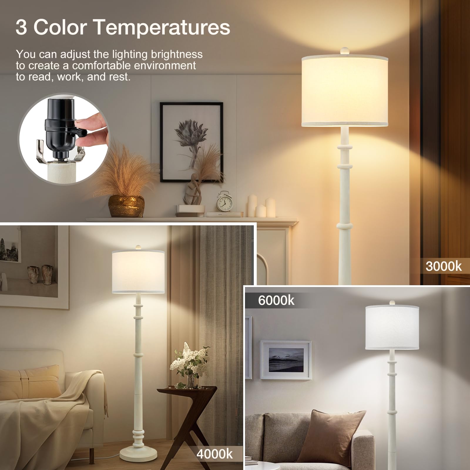 EJIAXIN 60" Farmhouse Floor Lamp - Vintage Resin Standing Light with Linen Shade, 3 Color Temperatures, Almond White