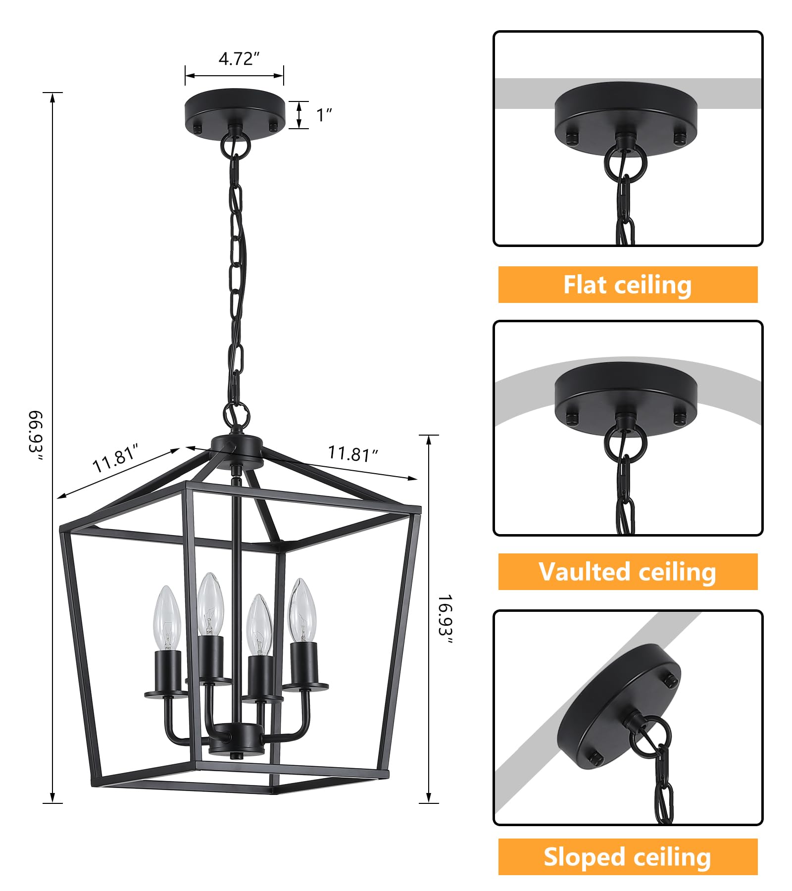 AMZASA Industrial 4-Light Black Lantern Chandelier, 11.81"x11.81"x66.93", Rustic Metal Cage Pendant Light for Kitchen and Dining Room