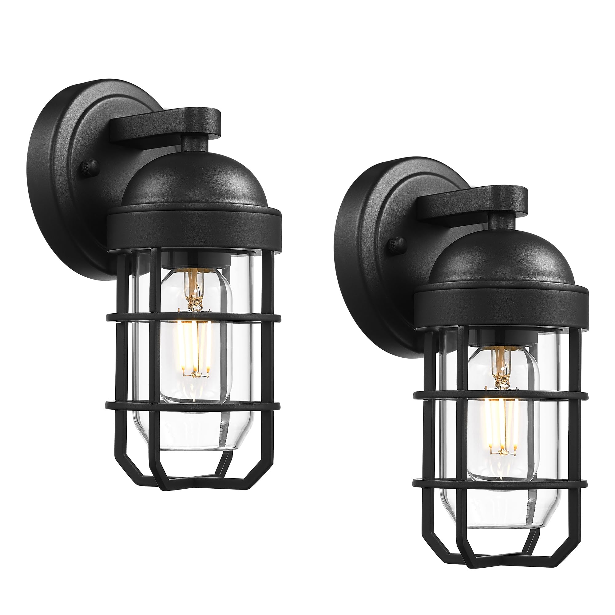 Emliviar Farmhouse Outdoor Wall Light, 2 Pack of Warm and Elegant Wall Light Fixtures with Durable Metal Cage and Clear Tempered