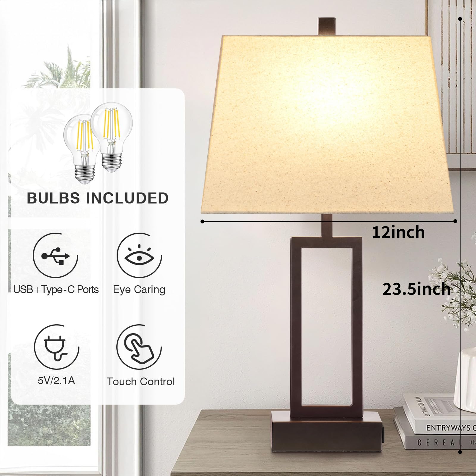 Rinweey Touch Control Table Lamps Set Of 2, Modern Brown Bedside Lamps With Usb A+C Ports & Ac Outlet, 3 Way Dimmable Contemporary Nightstand Lamps For Bedroom Living Room(Led Bulb Included)
