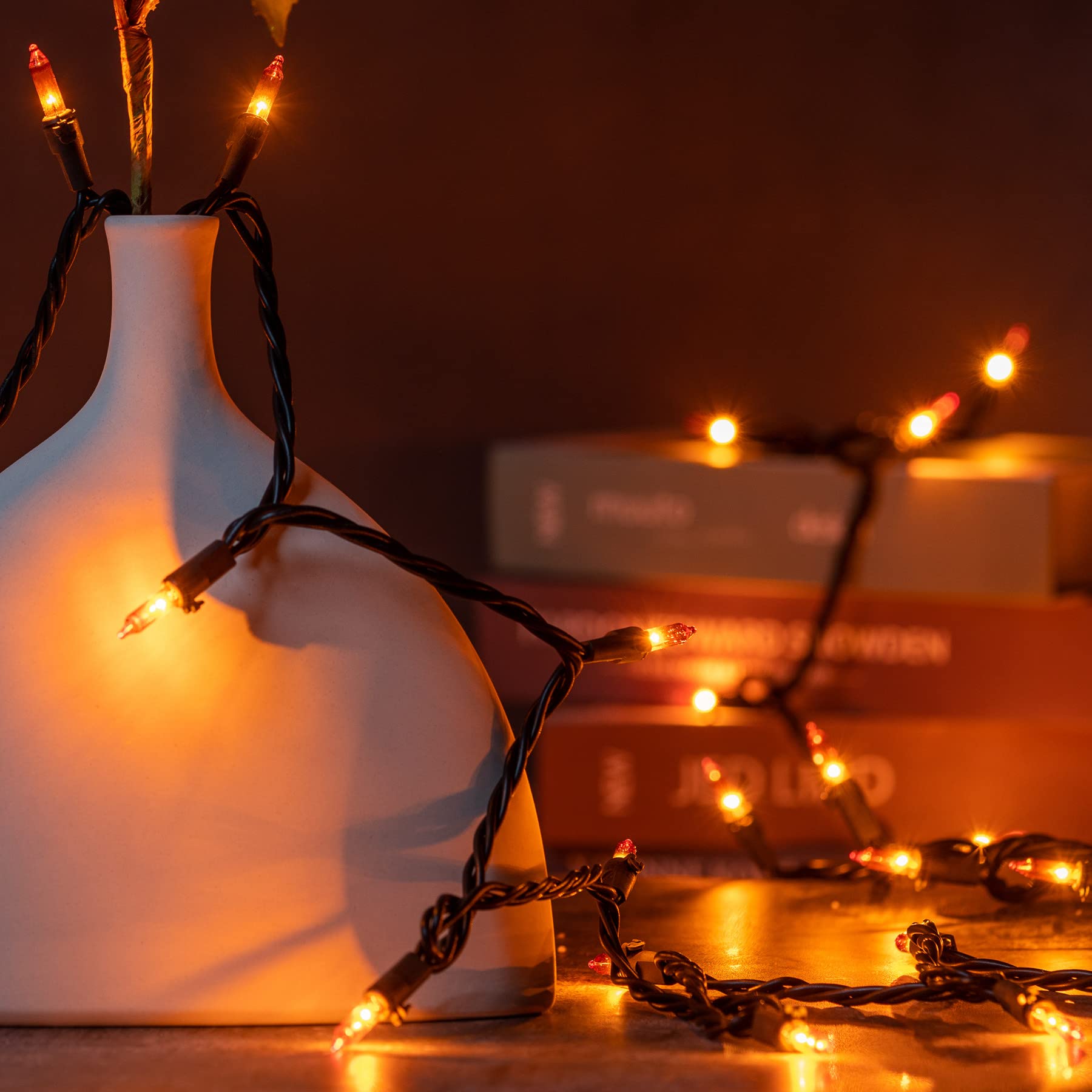 Yuletime Orange String Lights With Black Wire, 66 Feet 200 Count Ul Certified Christmas Light, Pack Of 2 Sets 33 Ft 100 Amber Mi