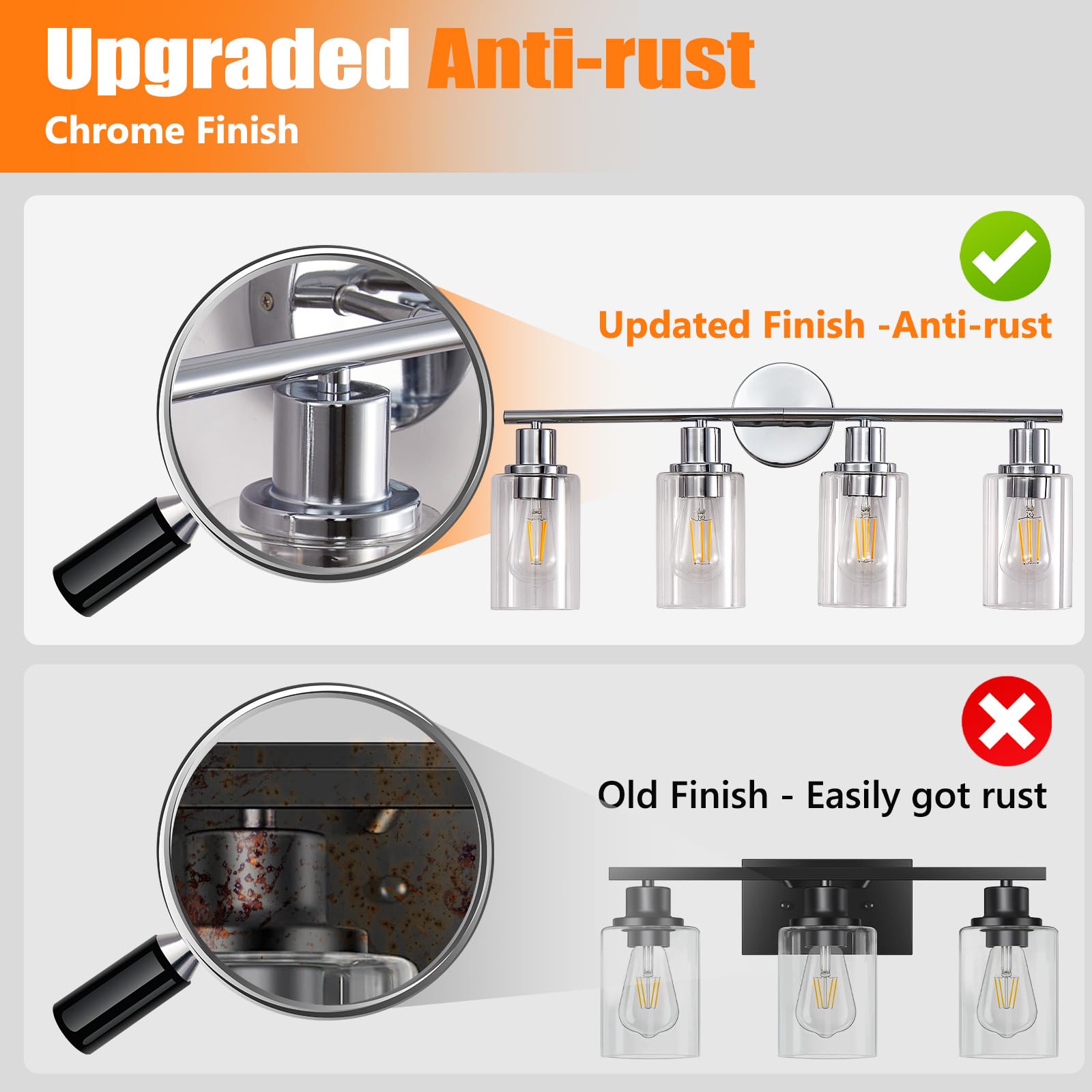 DINGLILIGHTING DLLT 4-Light Bathroom Light Fixtures - Chrome Metal Vanity Lights with Clear Glass Shade - Model DLLT-4L-C26