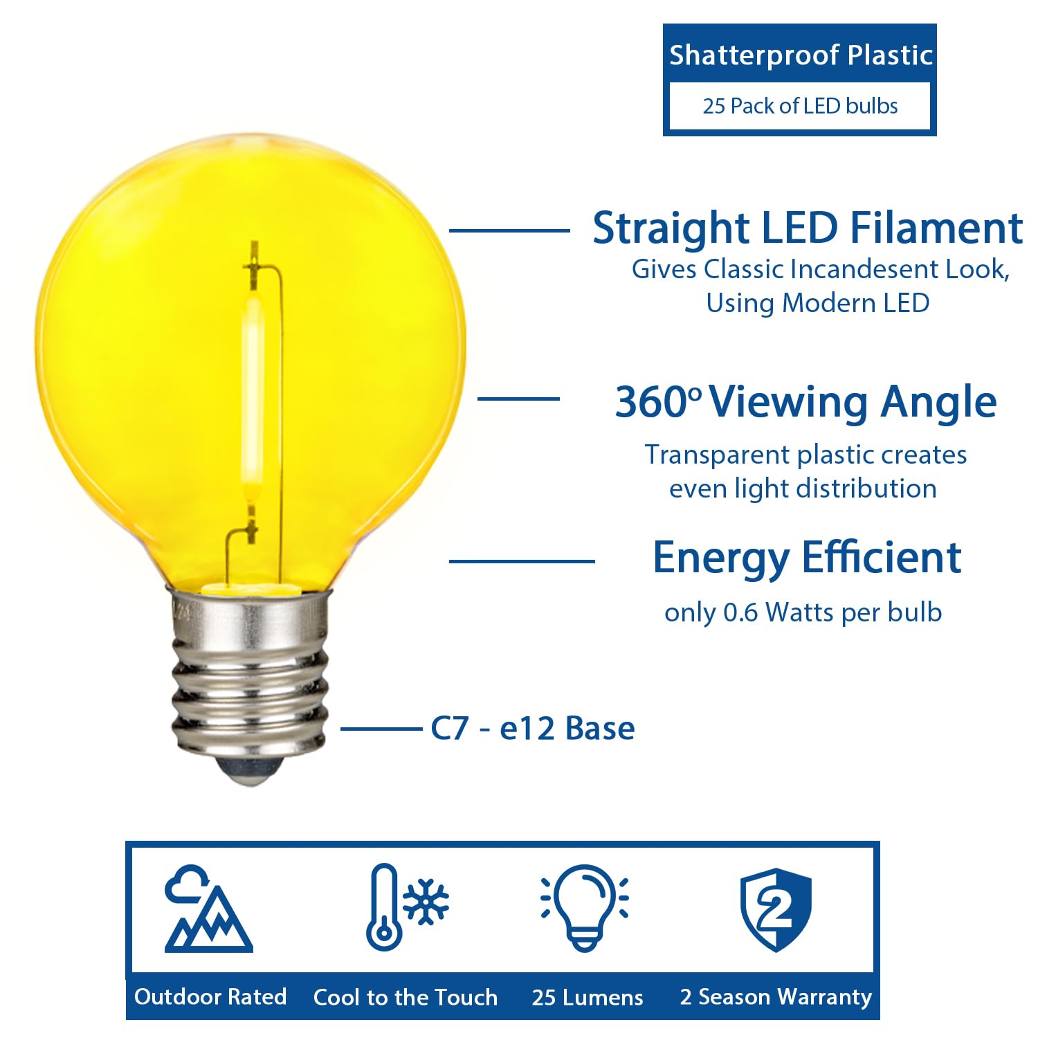 Novelty Lights 25 Pack Yellow G40 Led Filament String Light Bulbs  E12/C7 Candelabra Base  5 Watt Equivalent  Shatterproof Replacement Bulbs For Patios  Canopy Lighting