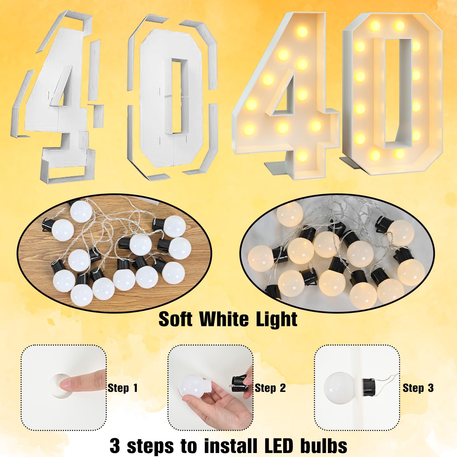 4Ft Light Up Numbers 40 Large Numbers With Lights Bulbs White Marquee Frame For Men Women 40Th Birthday Party Decorations Anniversary Pre-Cut Mosaic Cardboard Giant Cut-Out Thick Foam Board Sign