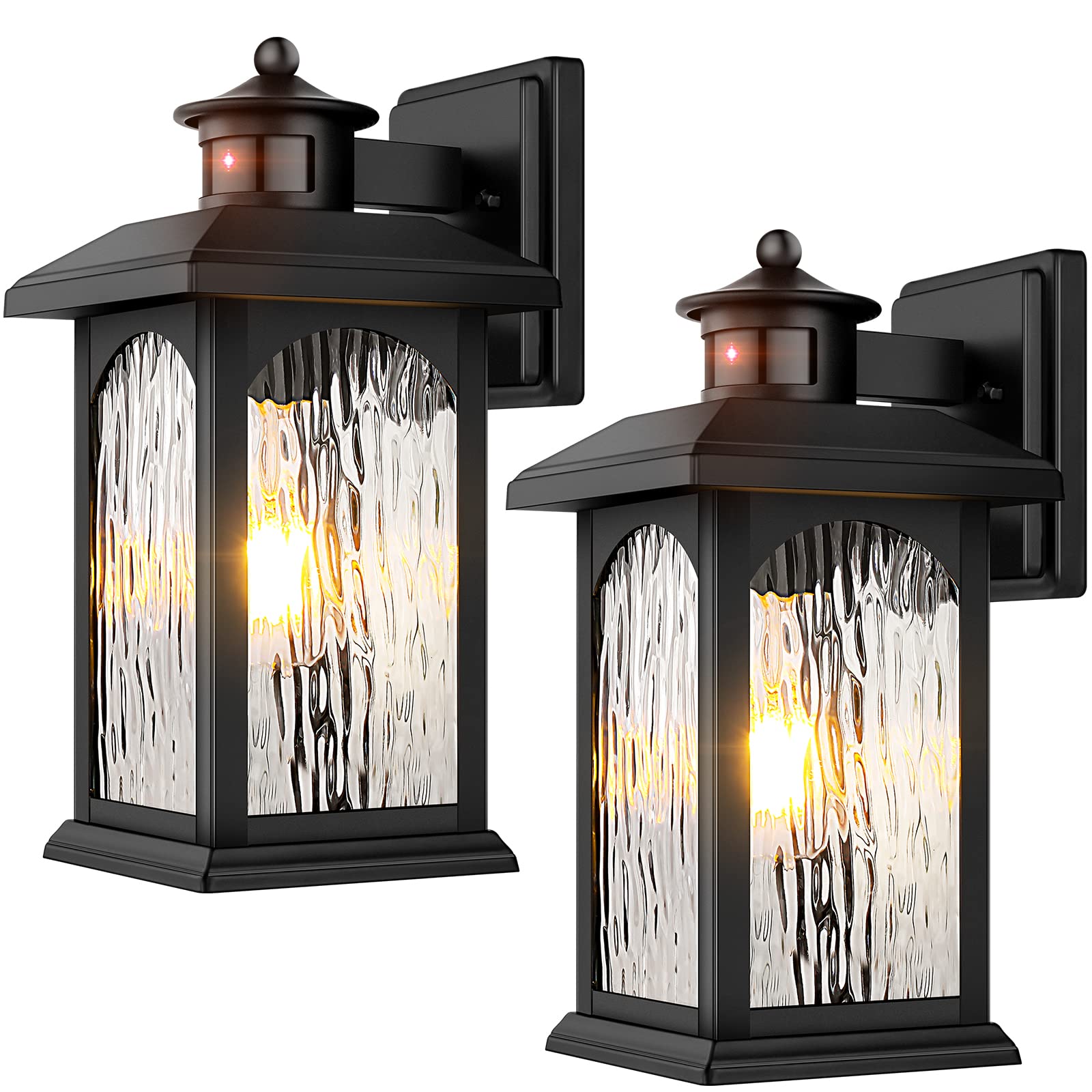 Filiyano 2-Pack Motion Sensor Outdoor Wall Lanterns, Dusk To Dawn Black Sconce Lights