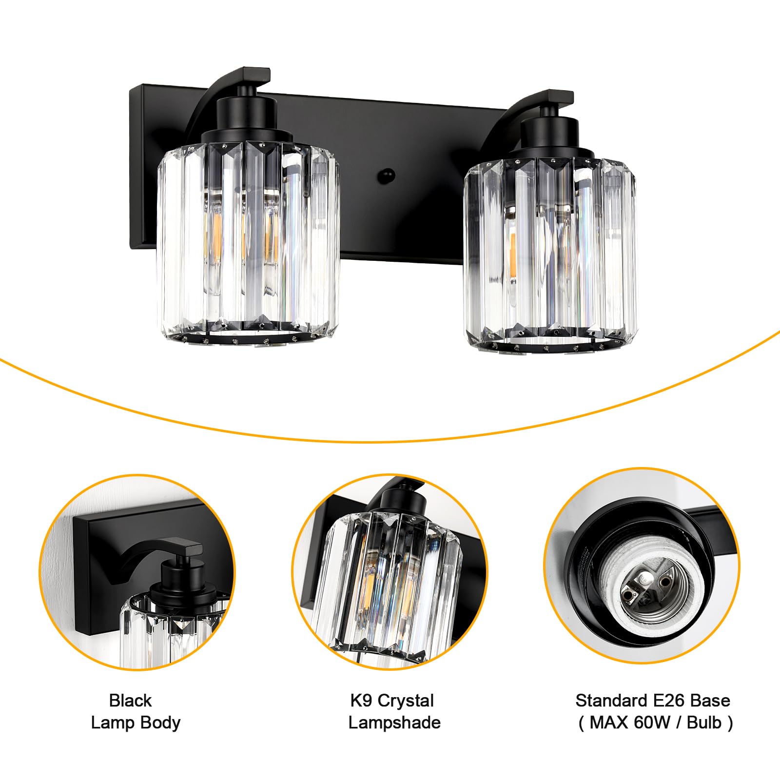 Haolaike 2-Lights Black Crystal Bathroom Vanity Light Fixture Over Mirror, Metal, Model 134384f2