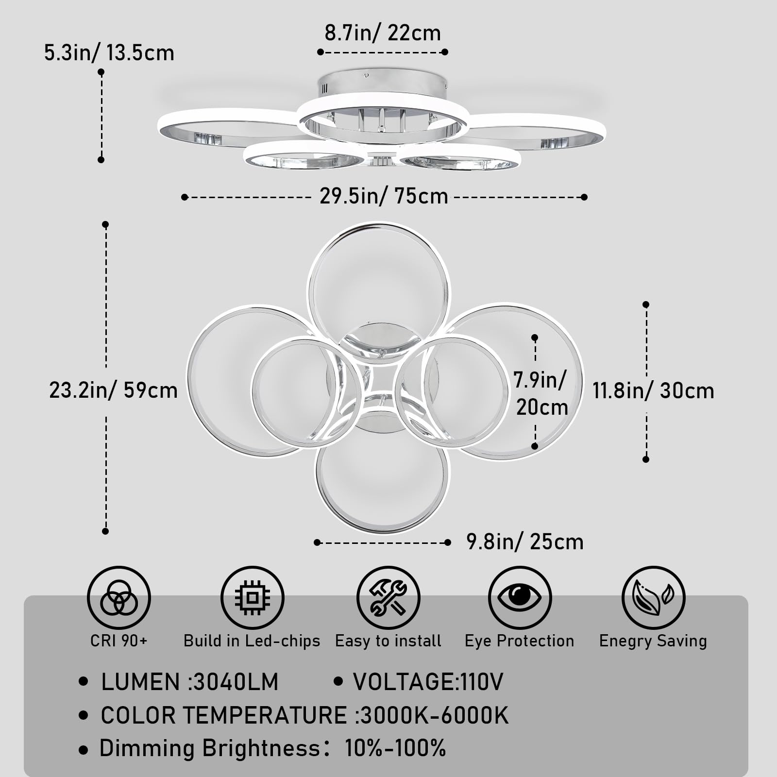 Sovinzert Modern Ceiling Lights, 6 Rings Dimmable Chrome Led Ceiling Light Fixtures With Remote Control, 60W Close To Ceiling Li