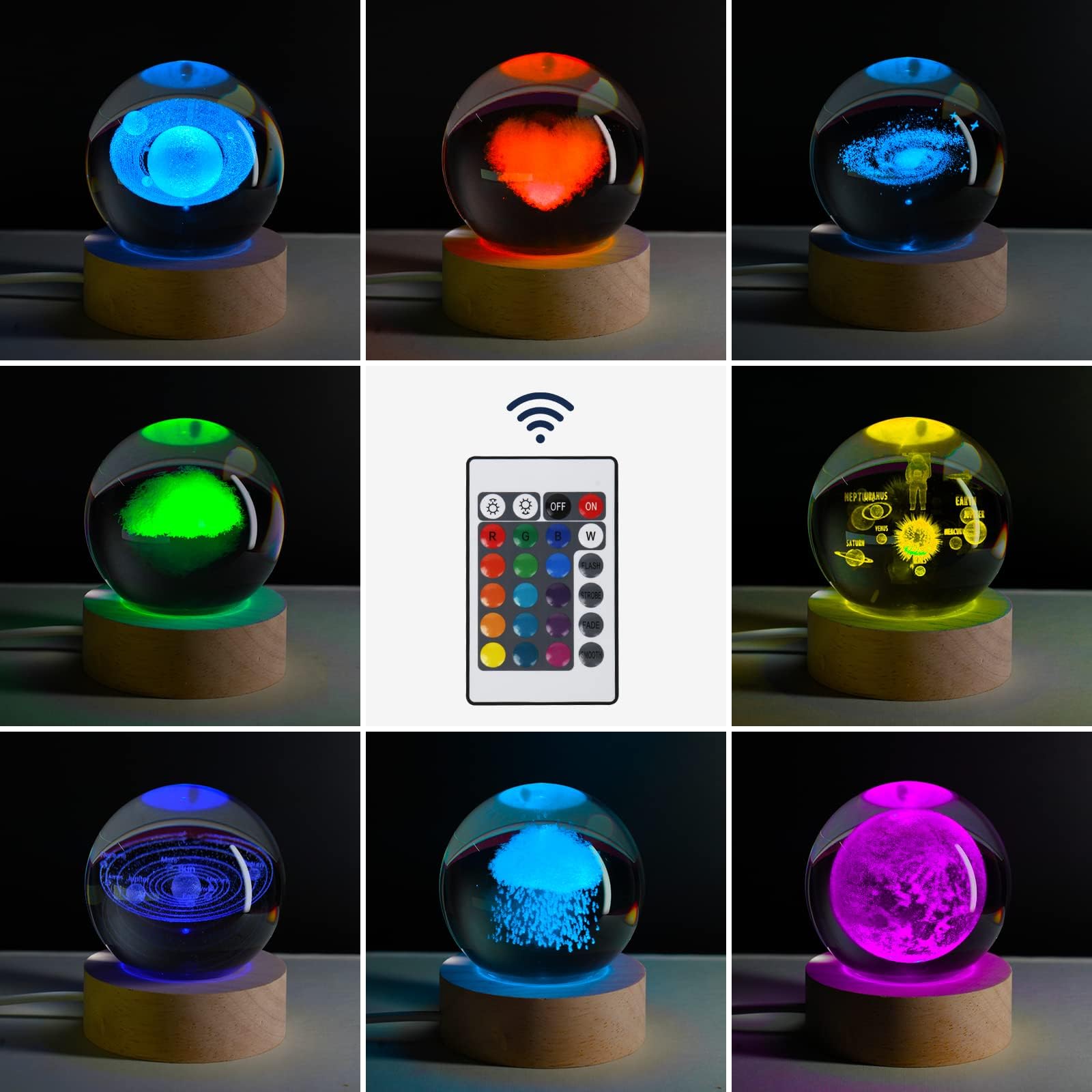 JANARARY 3D Galaxy Crystal Ball Night Light with Colorful LED Base, Remote, 6cm Heart-Shape Cloud Model, Ideal Gift for Kids