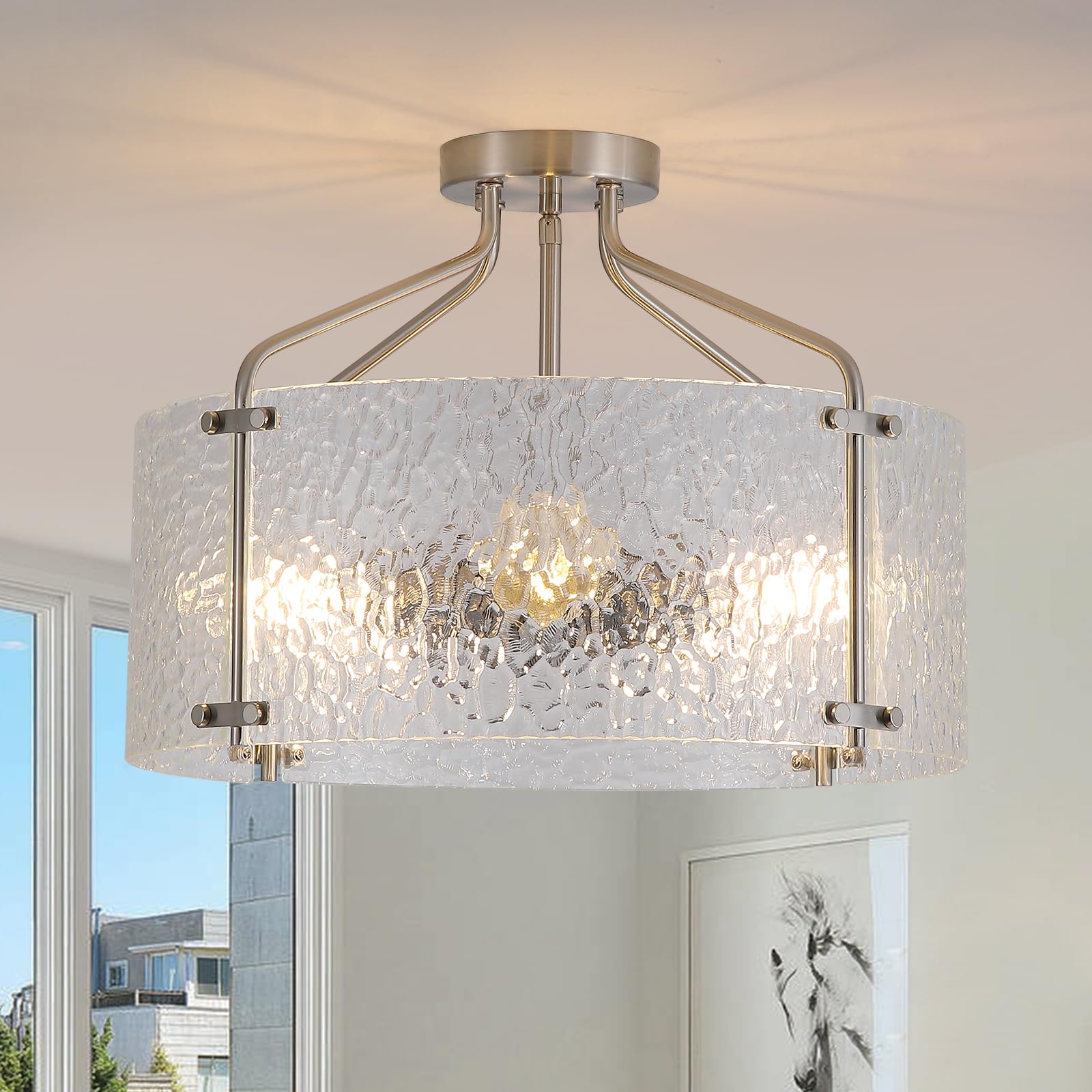Semi Flush Mount Ceiling Light Fixture Glass Drum Kitchen Lighting Fixtures Ceiling 18Brushed Nickel Modern Light Fixture Chandelier 5-Light Foyer Lighting Fixtures for Bedroom Hallway Foyer Porch