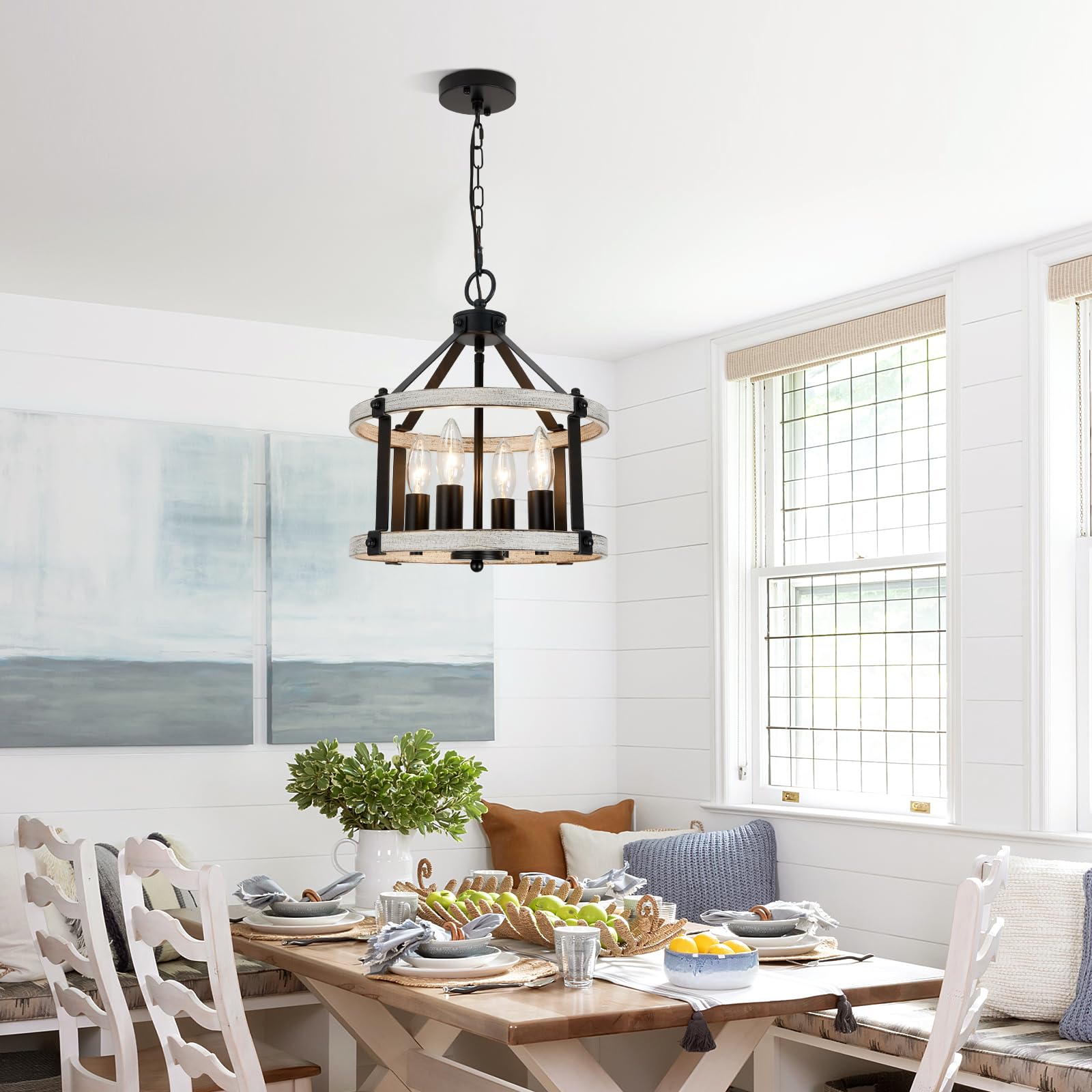4-Light Farmhouse Chandelier, 12.5 Inch Rustic Black And Vintage Wood Finish Chandeliers For Dining Room Light Fixture, Adjustab