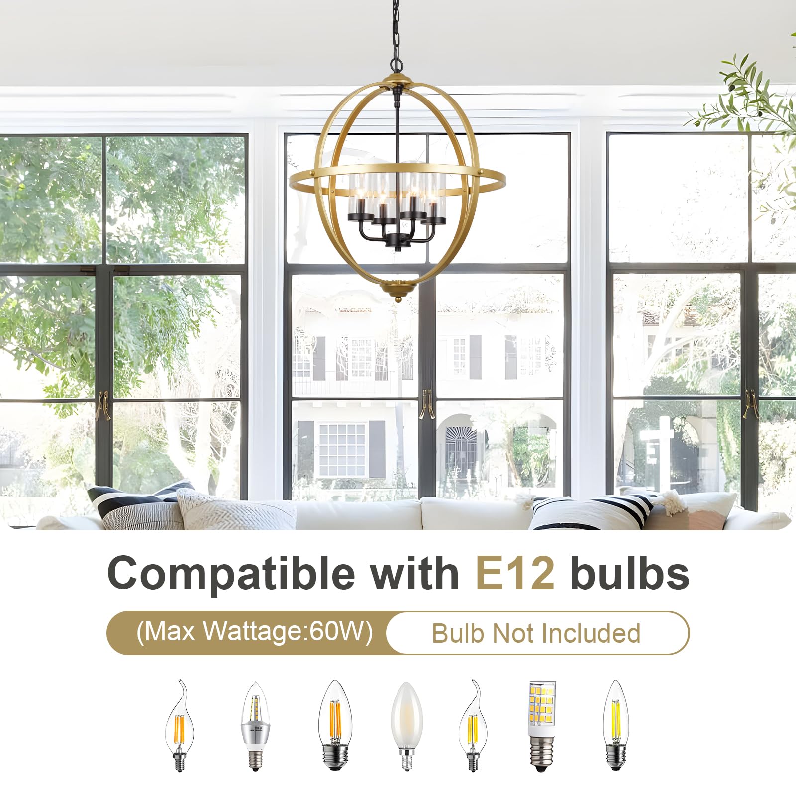 Treekee 4-Light Globe Orb Chandelier, Adjustable Iron Pendant Light, 20'' Black and Gold Finish for Dining Entryway Foyer