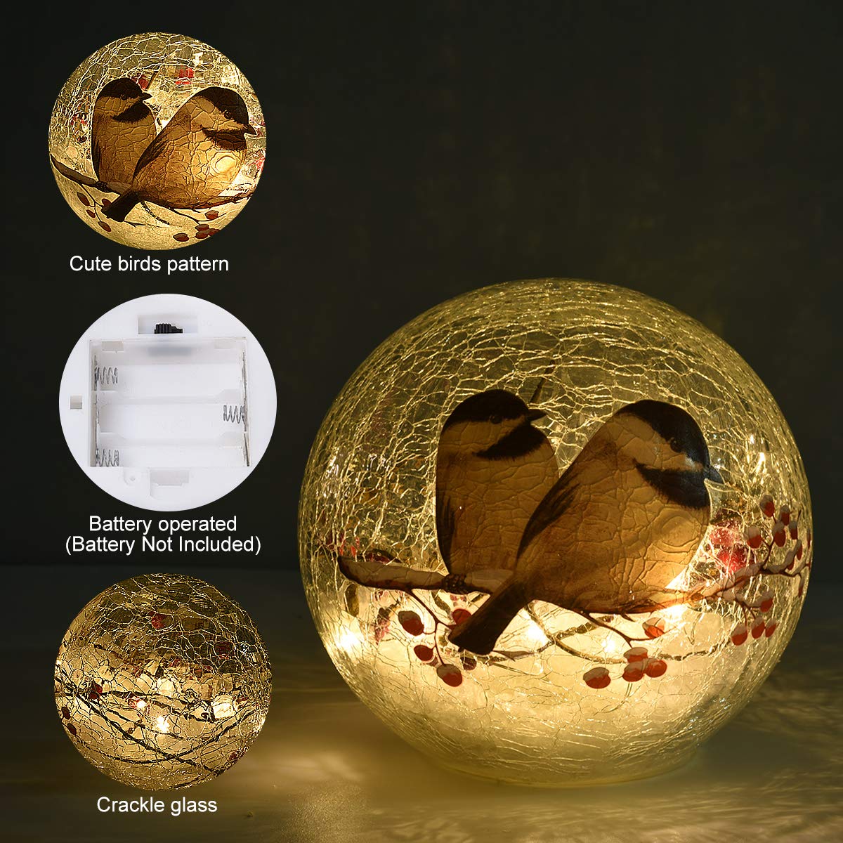 Idealxmas Glass Birds Pattern Led Light - Wireless  le Glass Night Lamp, Warm White, Clear, 1 Birdsball For Bedroom & Garden Decor