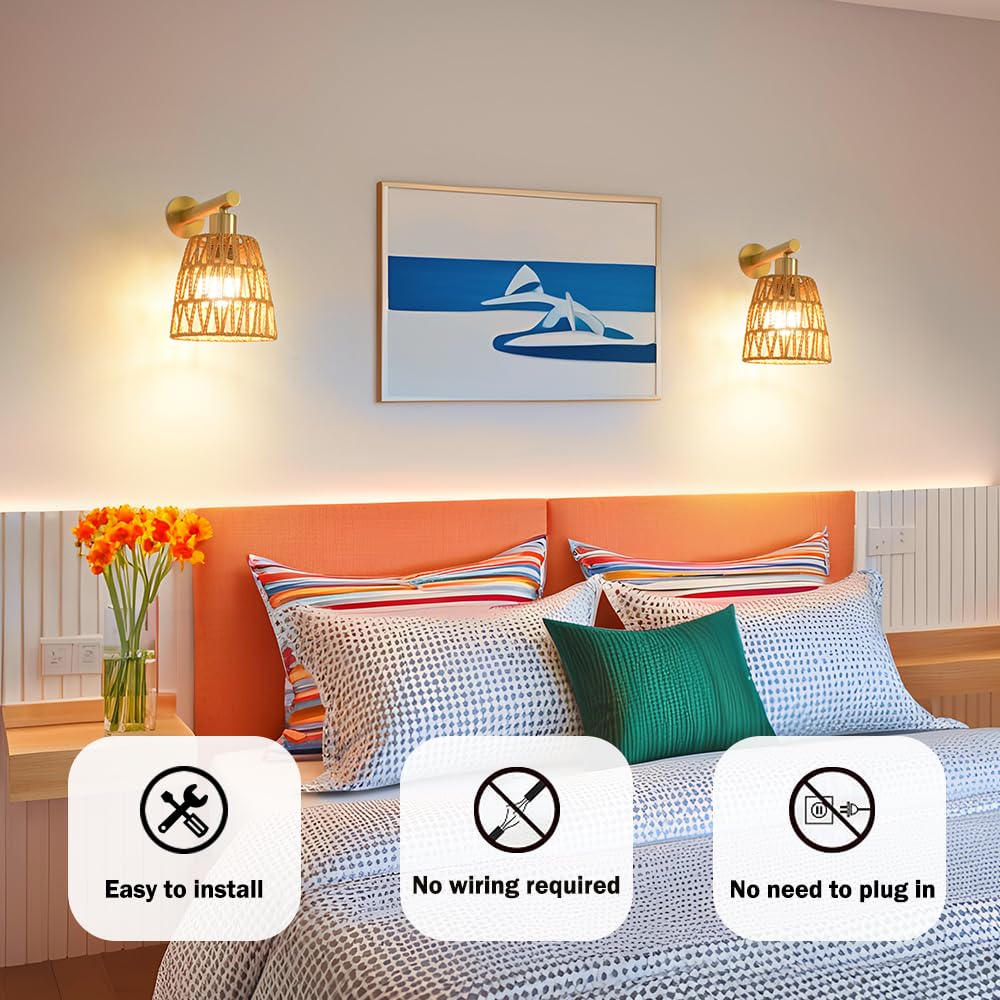 OIYIO Battery Operated Wall Sconce Set of 2, USB Rechargeable, Dimmable Bulbs, RGB Colors, Gold, Model DX23067W1-BS-2