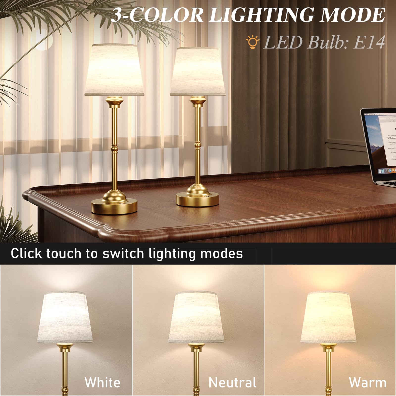 CHLORANTHUS Cordless Table Lamp - 3 Colors, Stepless Dimming, 6000mAh Rechargeable, Fabric Desk Lamp, White 1 Pack, Model 2 Pack