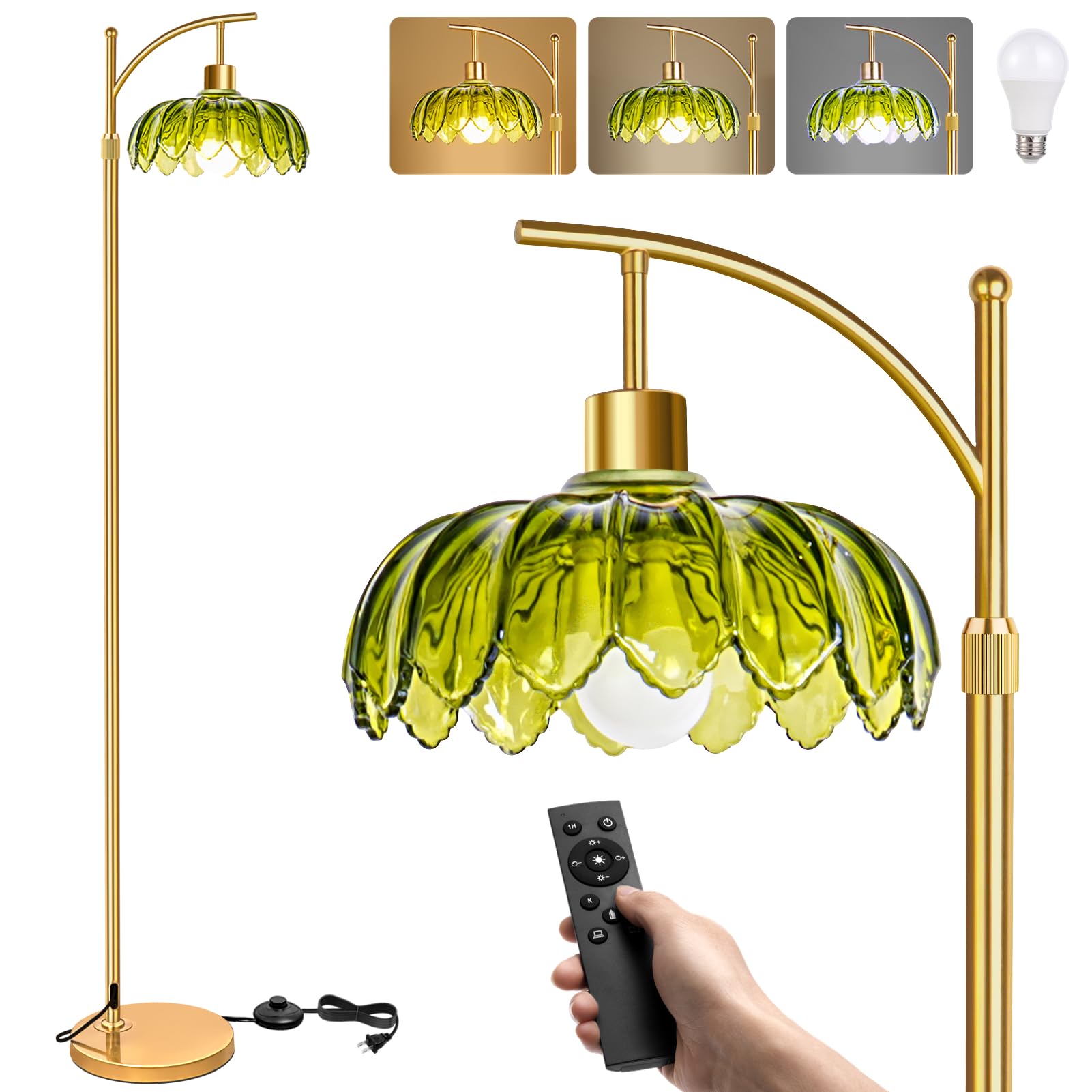 Biulazyda Gold Floor Lamps for Living Room: Tall Standing Lamp for Bedroom Office, Arc Mid Century Modern LED Floor Lamp with Re