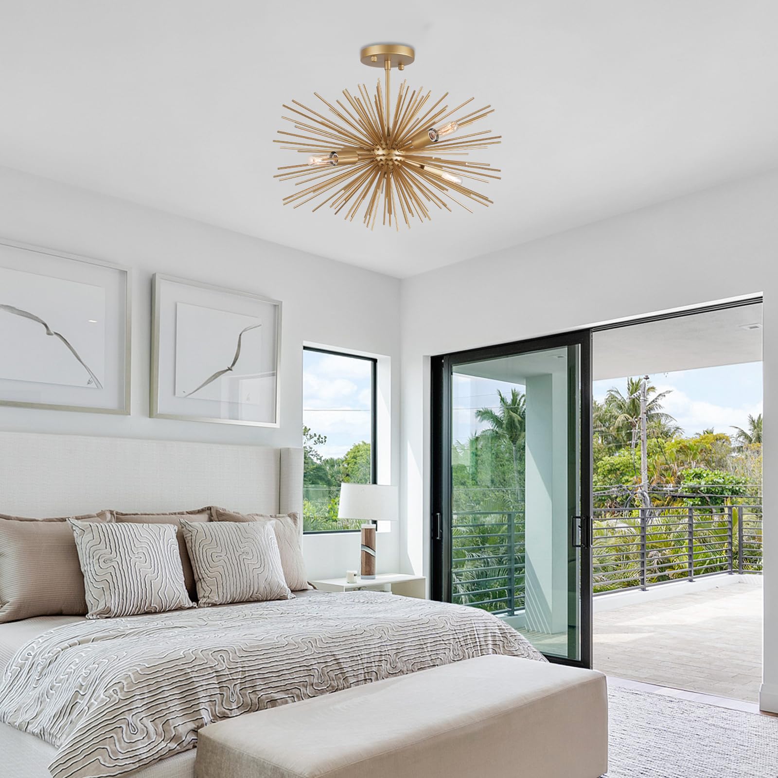Cawabien Starburst Chandelier, 4 Lights Modern Gold Sputnik Chandelier Vintage Light Fixture Flush Mount Ceiling Light For Bedro