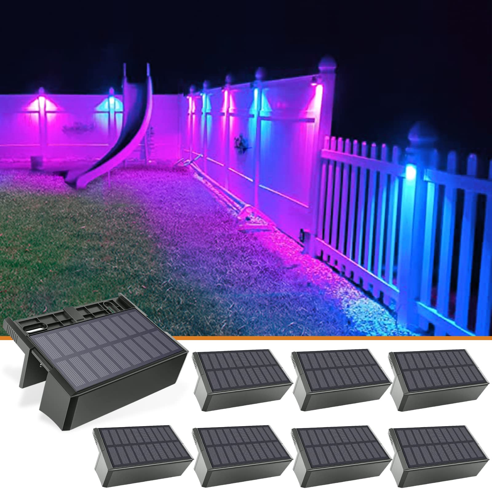 VOLISUN Solar Fence Lights, 8-Pack, Waterproof LED, 1800mAh, Color Glow, 7 Colors + Warm White, Model 21061ZM