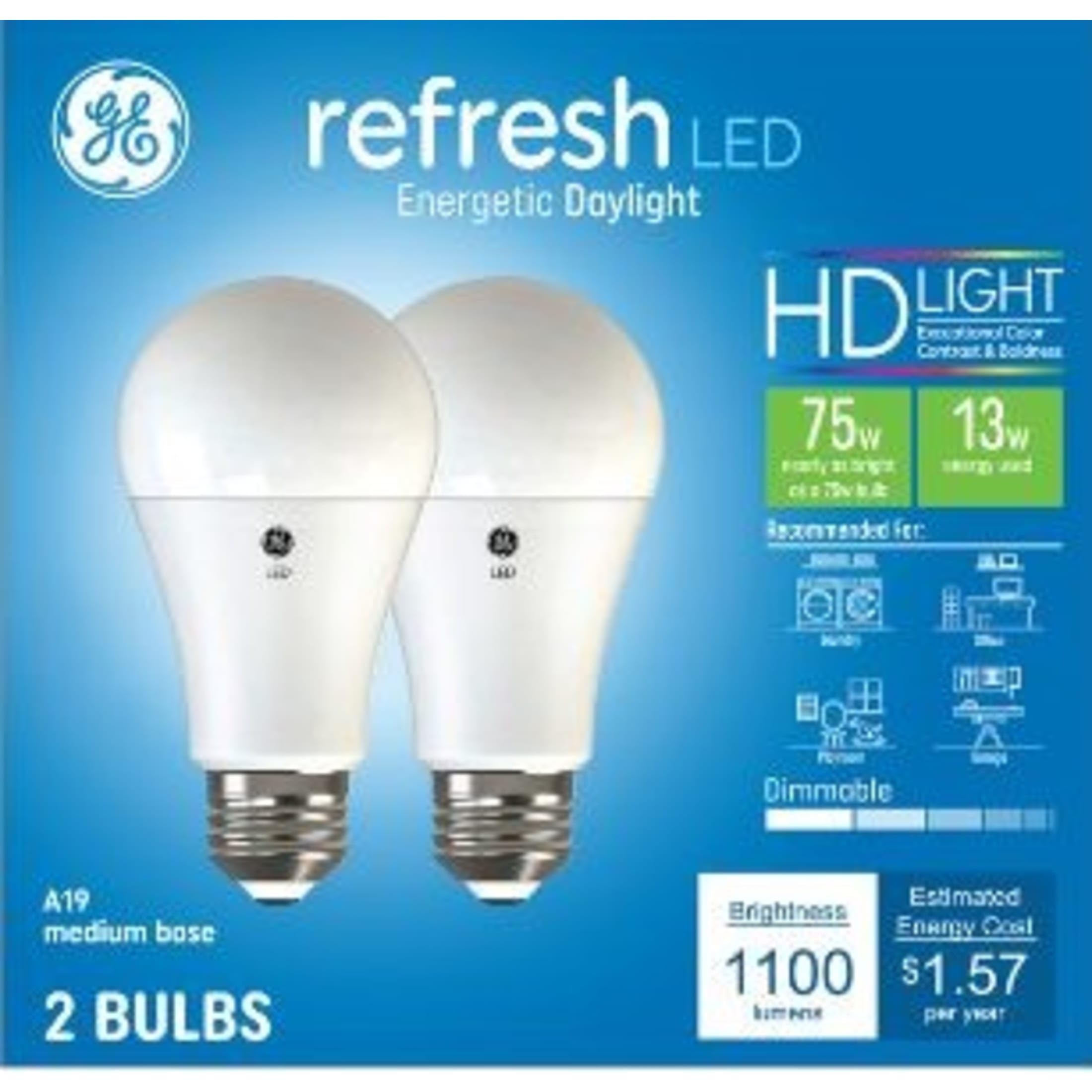 GE Refresh LED Light Bulbs, 75 Watt, Daylight, A19 (2 Pack)