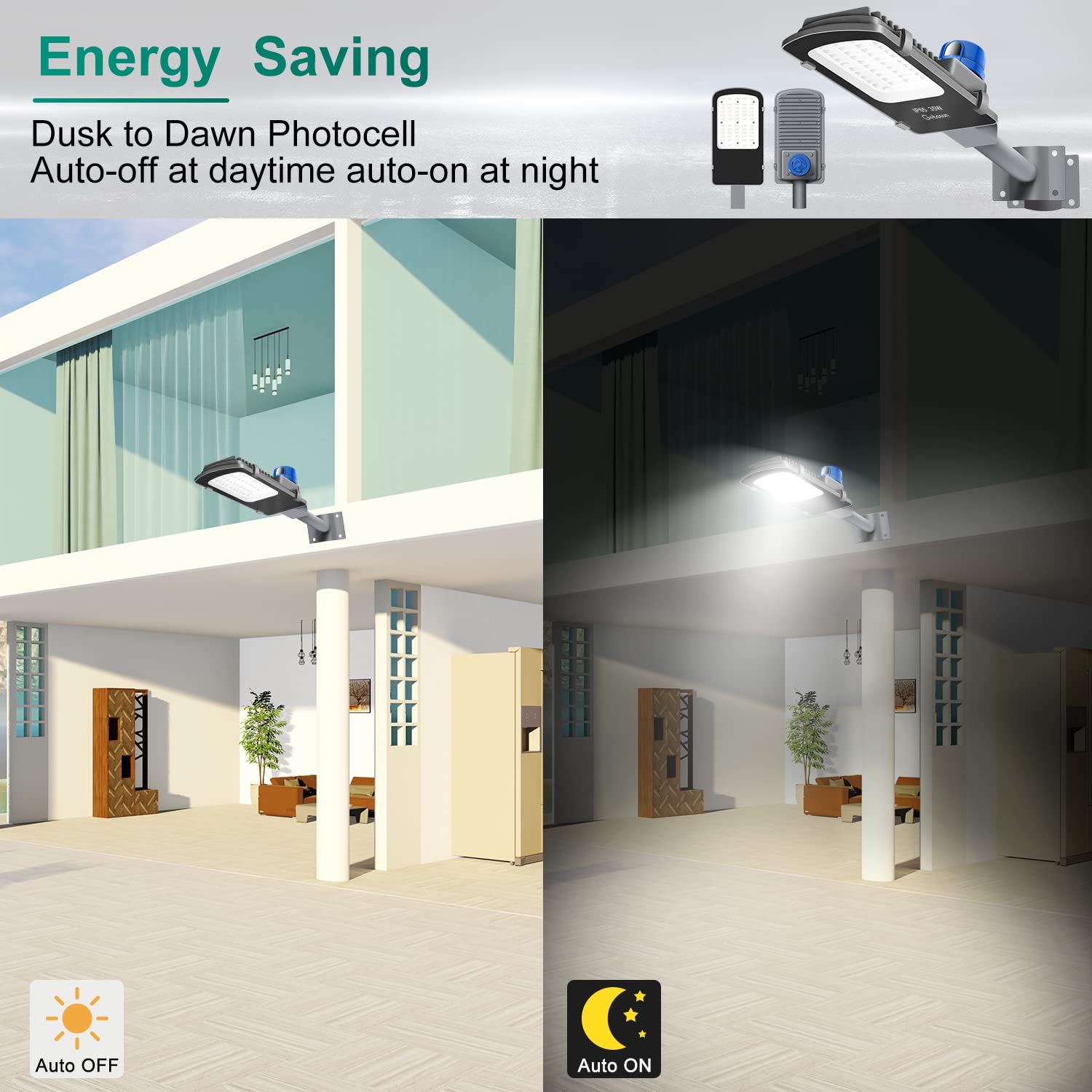 Gebosun 200W Ac Powered Street Light & Flood Light, With Optic Sensor, Dusk To Dawn, 9,600 Lumen, 6,000K, Ip65 Waterproof, Wall-