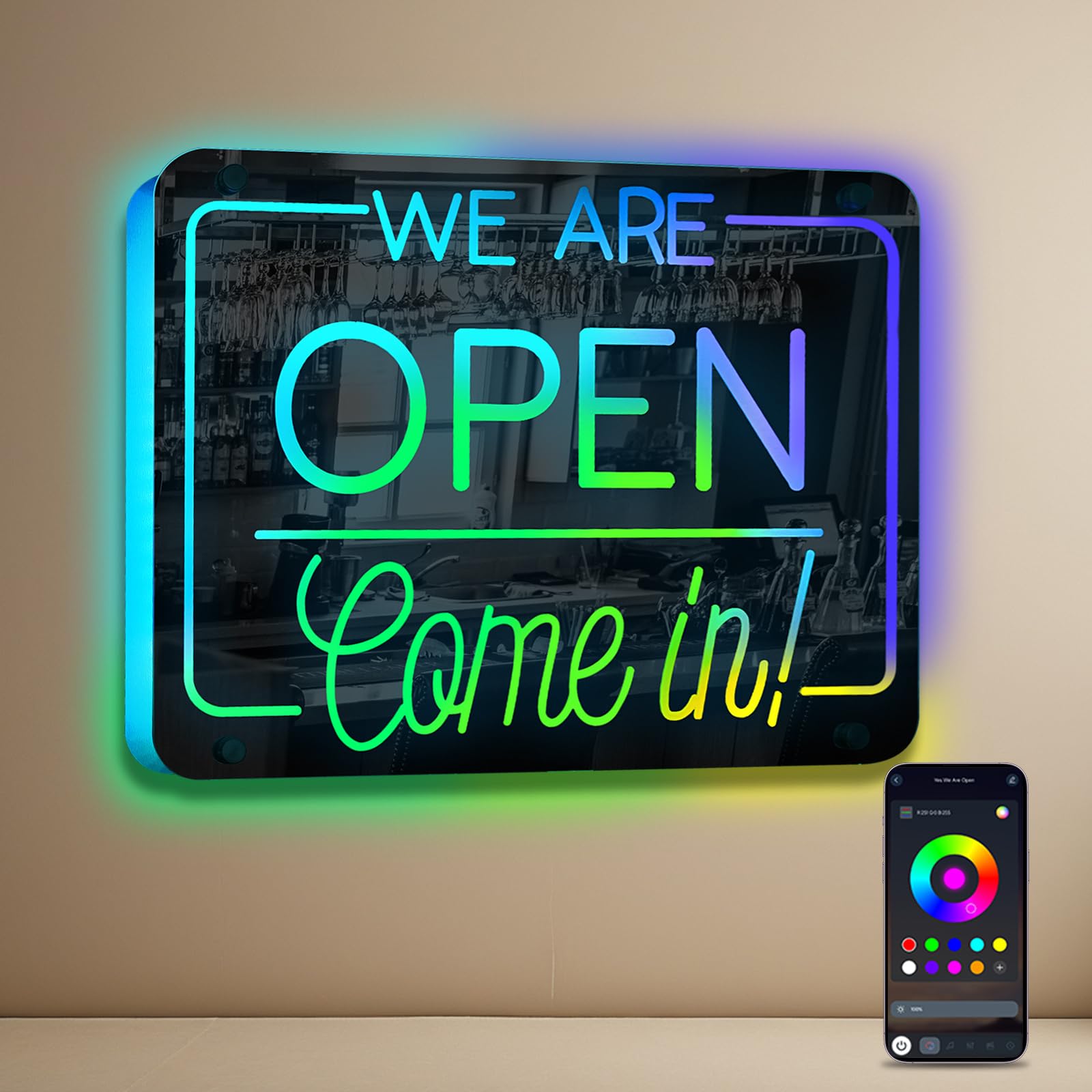 ineonlife Neon Sign - inCome In We Are Openin LED Light for Business Decor - 14.57 x 11.02 inches - Mirrored Colorful