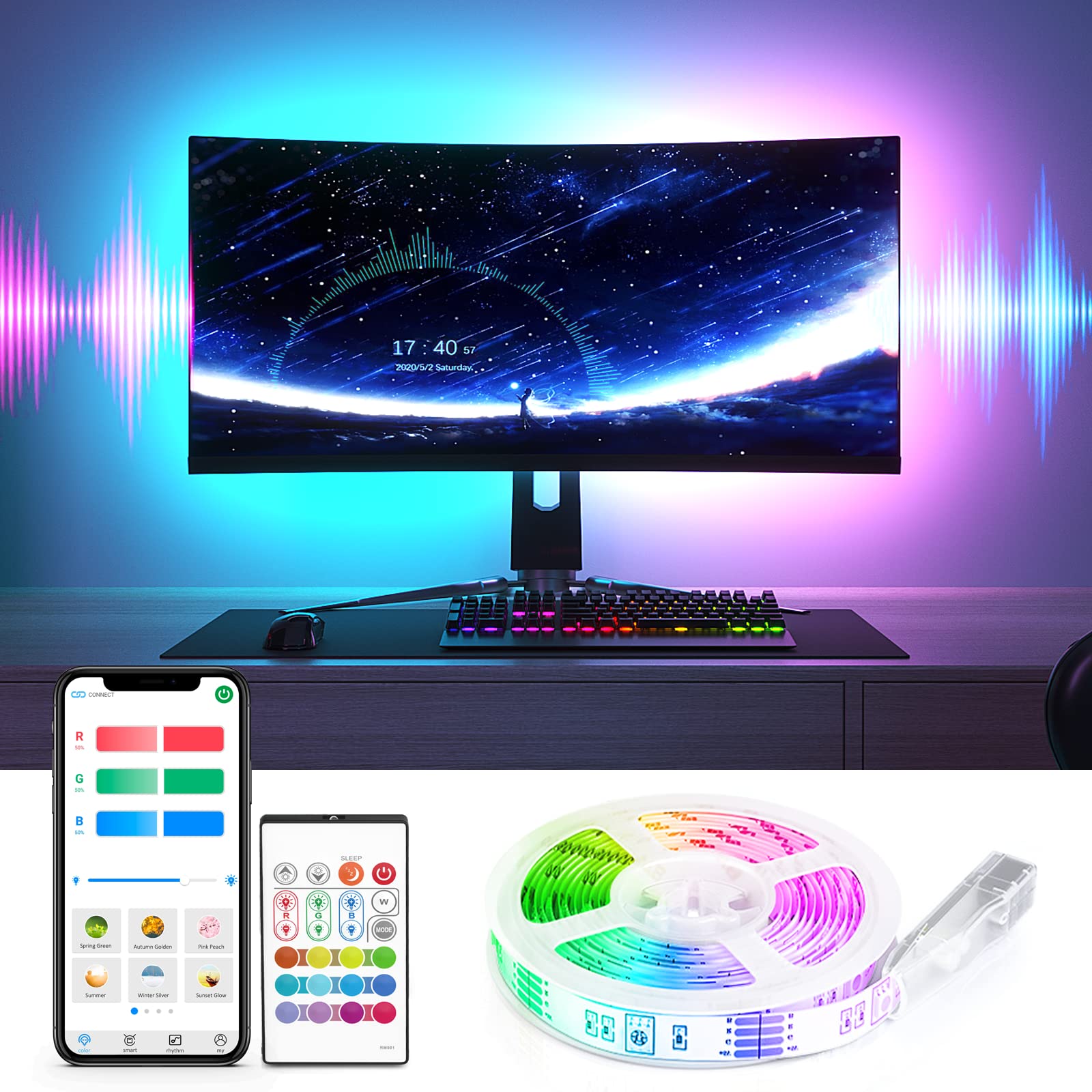 BASON LIGHTING TV LED Backlight with Bluetooth APP and Remote Control, 14.76ft LED Lights for TV 60-70inch, USB Powered Color Ch