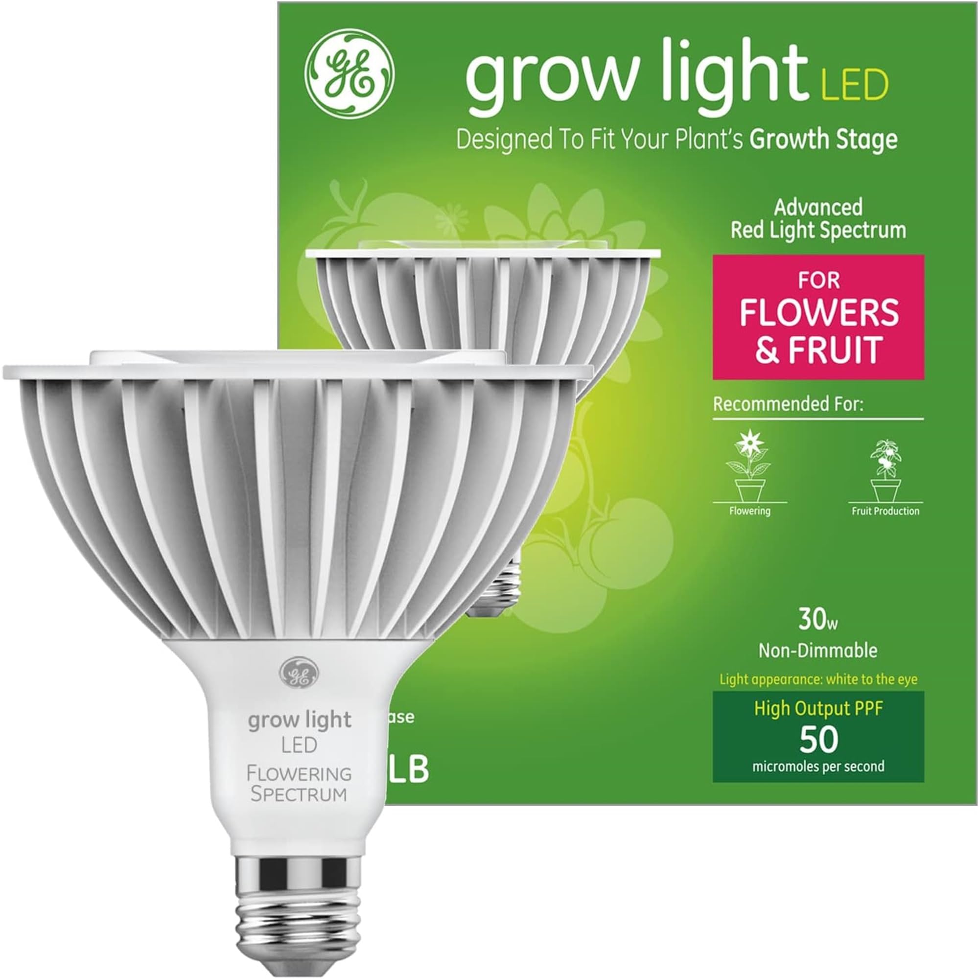 GE Grow LED Light Bulb PAR38 Floodlight for Plants, Red Light Spectrum, 1 Bulb, Plastic, Flowers & Fruit, Model 93101233