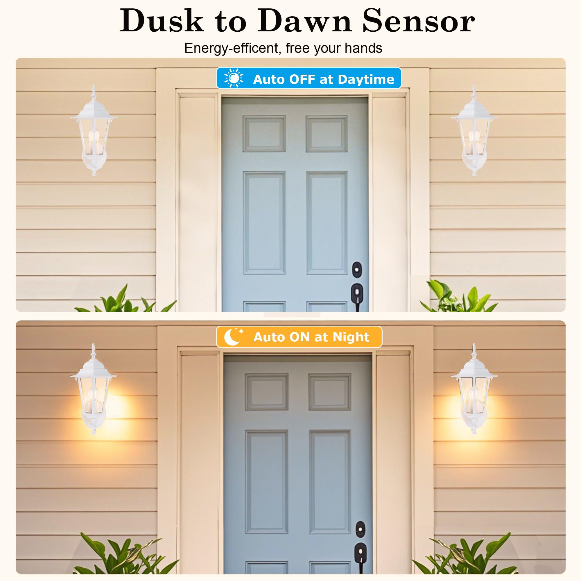 GRUENLICH Dusk to Dawn Outdoor Wall Sconce, 14in White Aluminum, Clear Glass, 2 Pack, Model GR-WL003D2D-WT-2PK