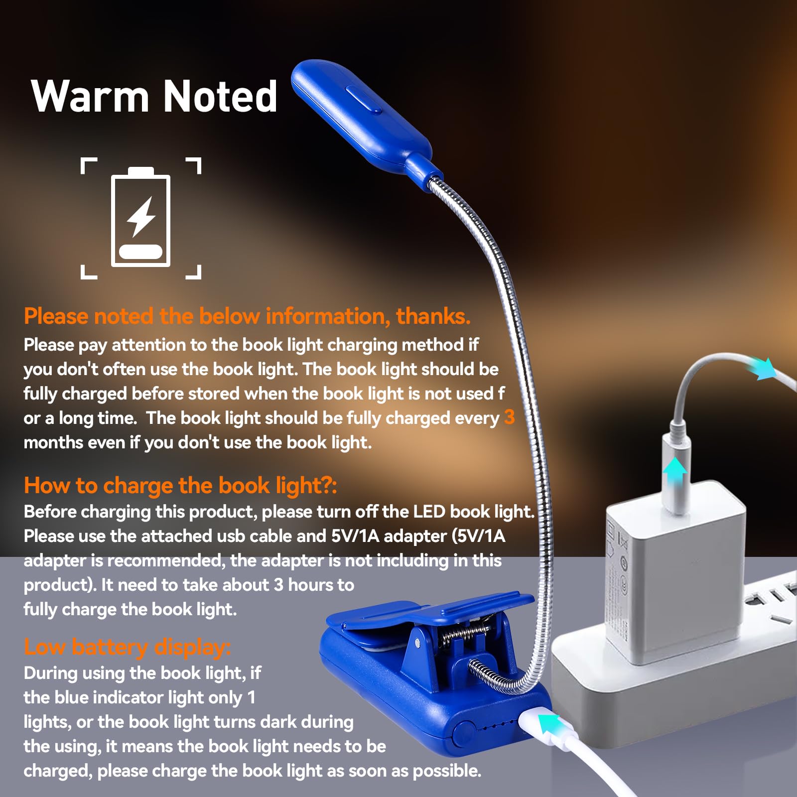 VAVOFO Rechargeable Book Light - 7 LED, 9-Level Brightness, Eye Care, Royal Blue, Model KM-6720