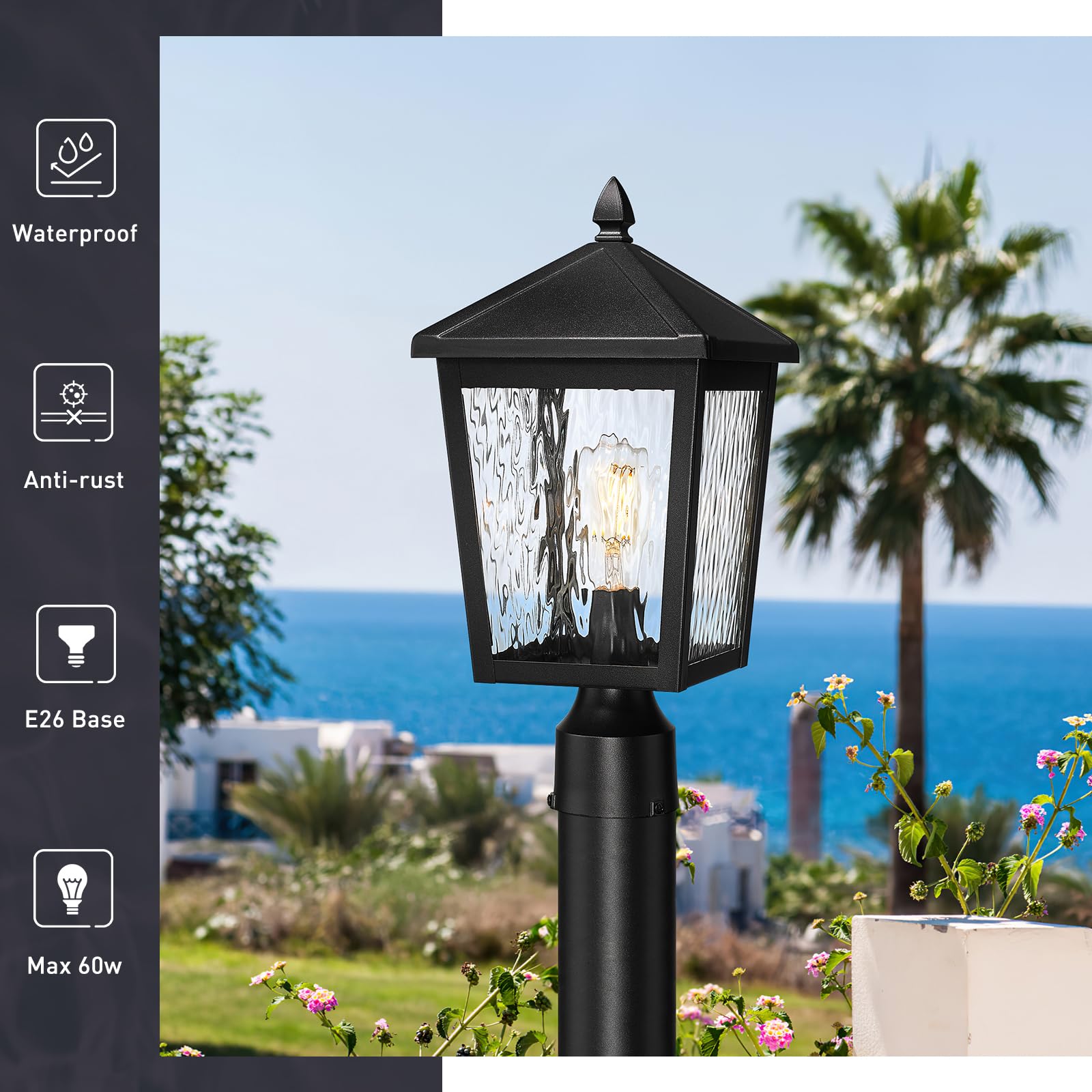 Zeyu Large Lamp Post Light Fixture, 16.1 Inch Outdoor Post Lamps For House Garden, Die-Cast Aluminum With Water Ripple Glass, Bl